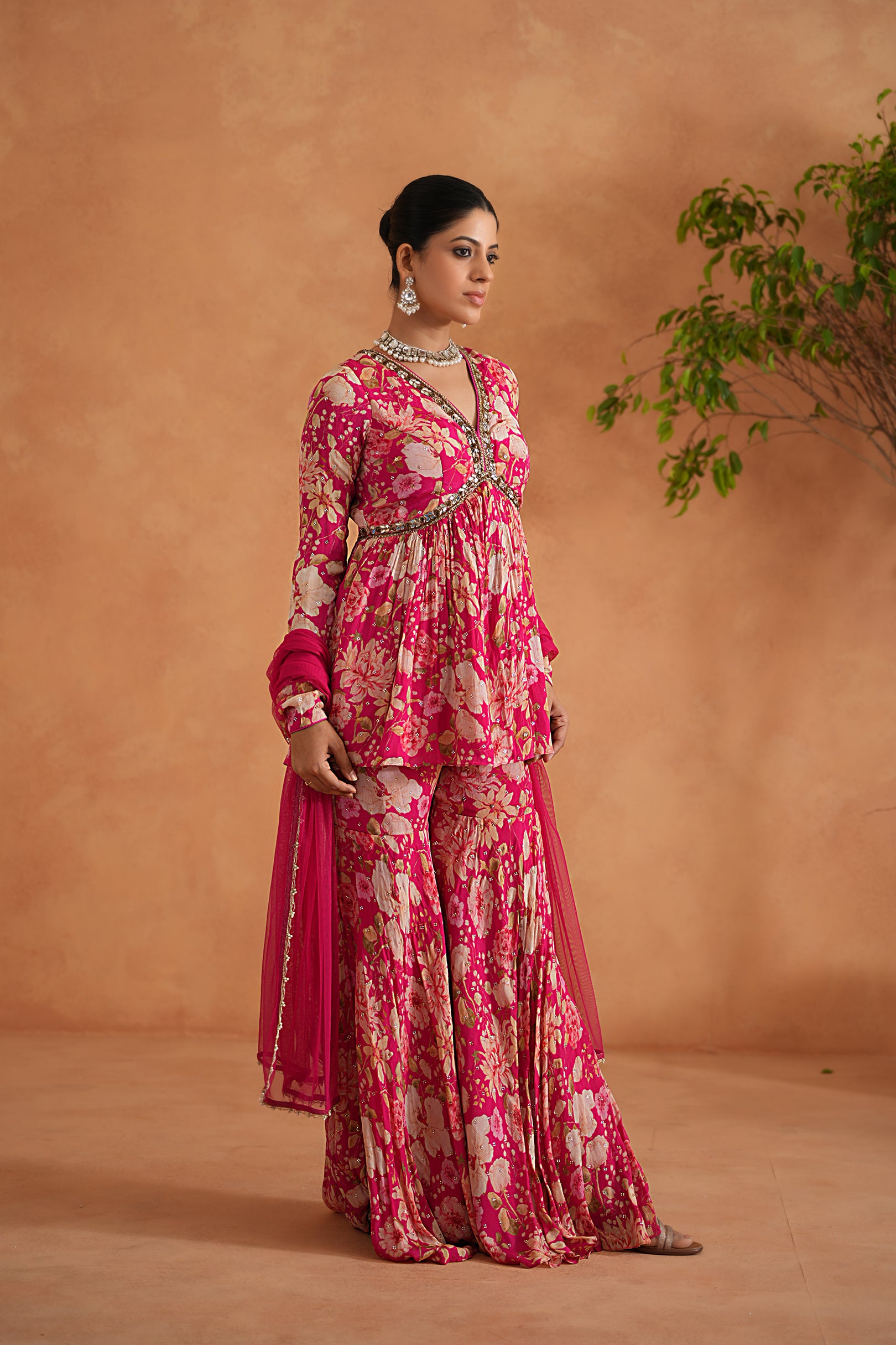 FUCHSIA EMBROIDERED PEPLUM KURTI, GHARARA AND DUPATTA