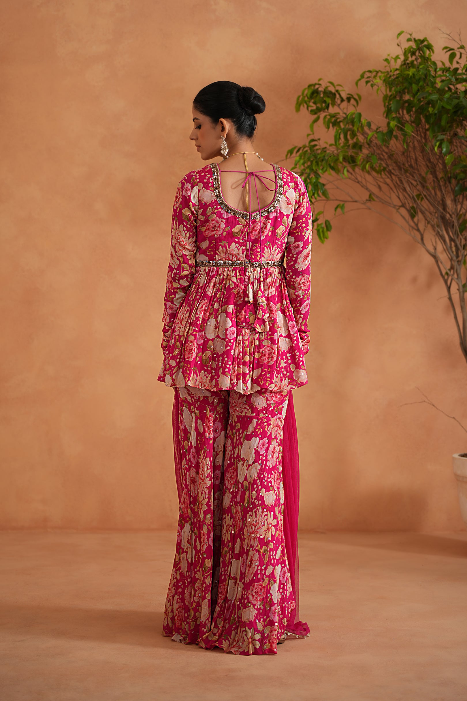 FUCHSIA EMBROIDERED PEPLUM KURTI, GHARARA AND DUPATTA