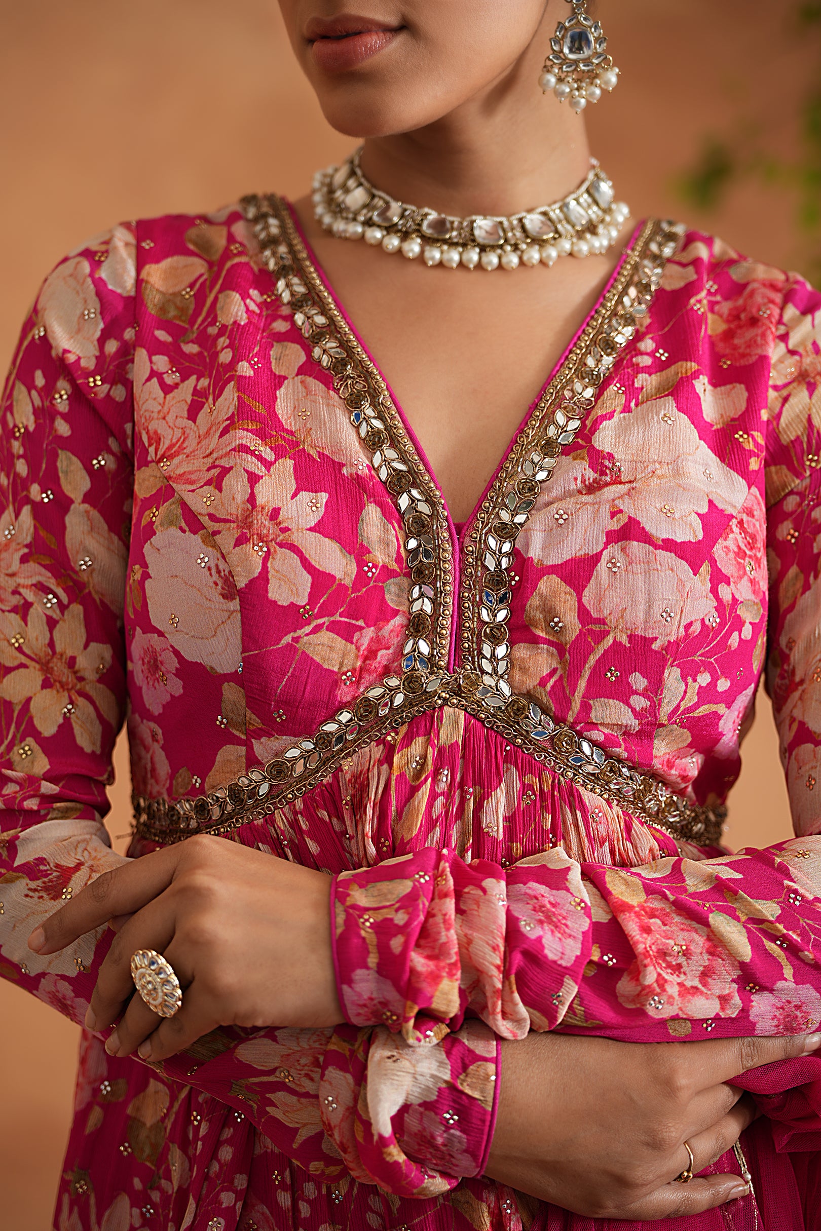 FUCHSIA EMBROIDERED PEPLUM KURTI, GHARARA AND DUPATTA