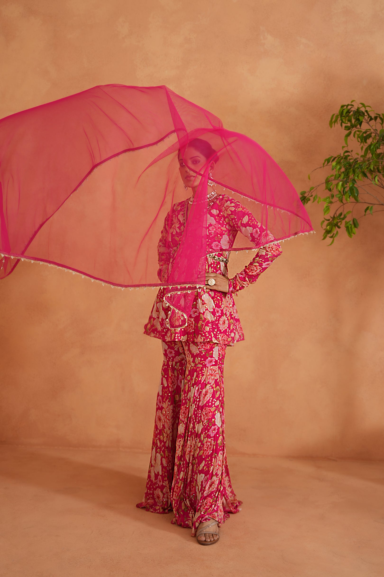FUCHSIA EMBROIDERED PEPLUM KURTI, GHARARA AND DUPATTA