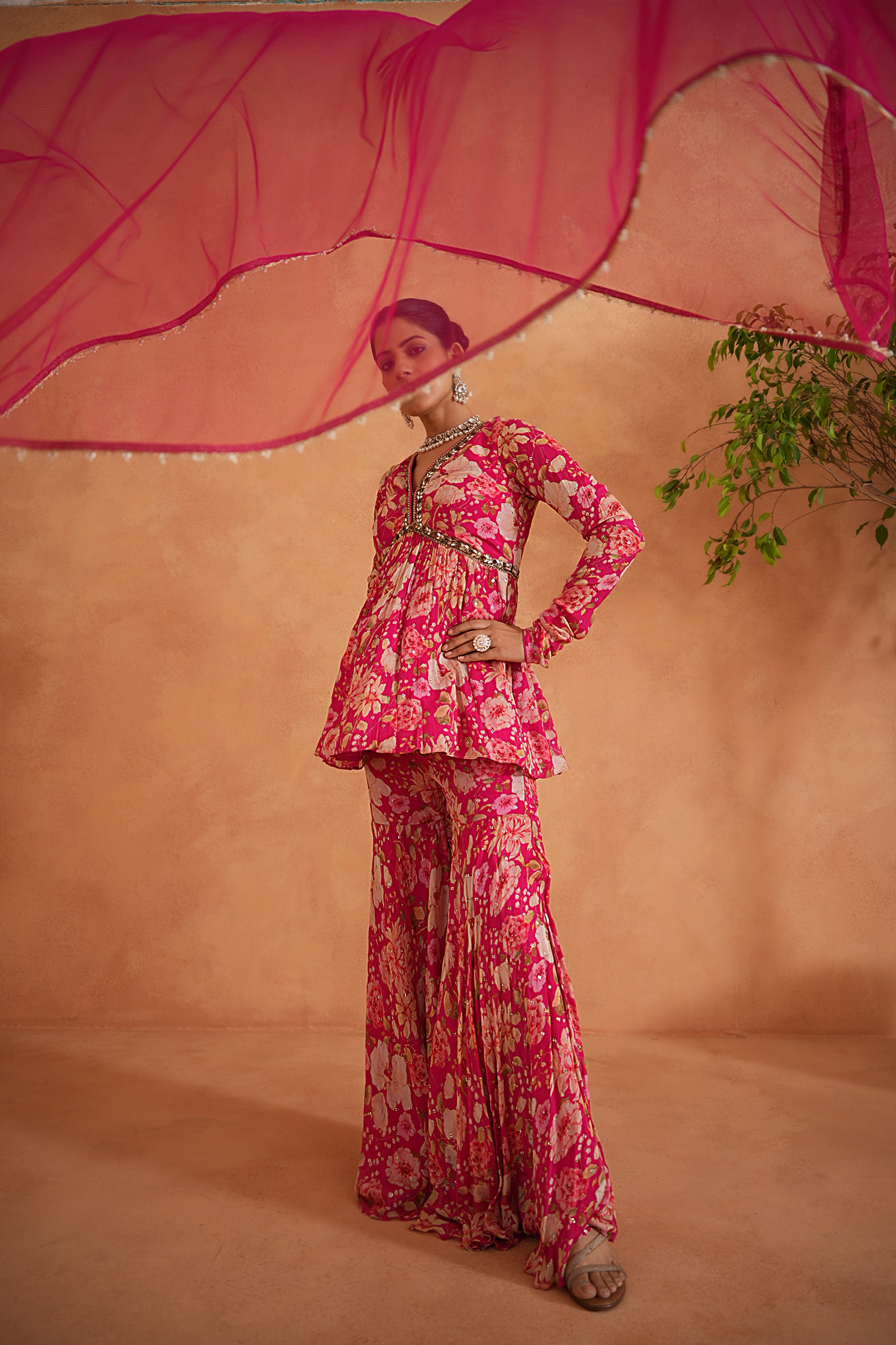 FUCHSIA EMBROIDERED PEPLUM KURTI, GHARARA AND DUPATTA