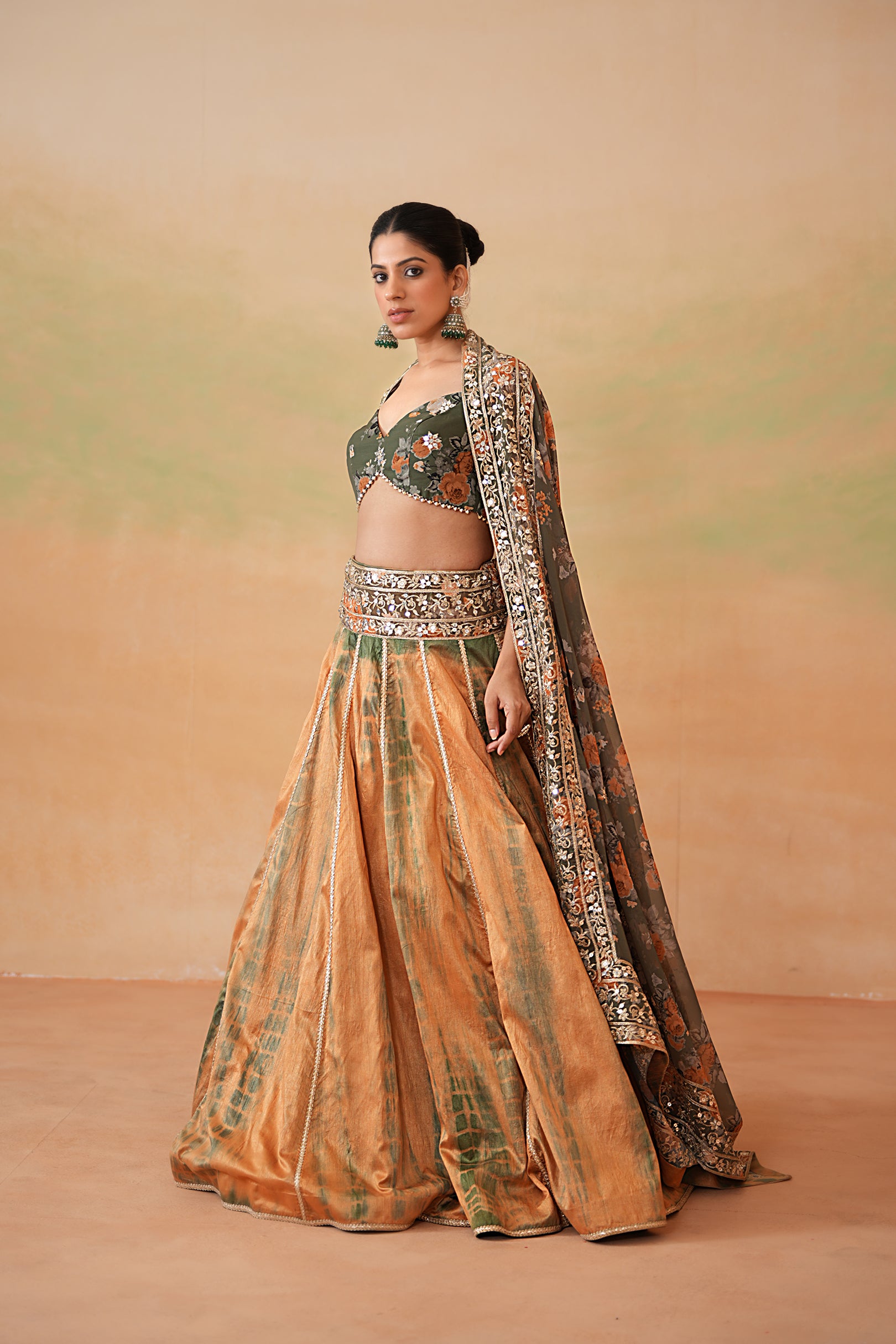 OLIVE GREEN PRINTED BLOUSE, TIE AND DYE LEHENGA AND PRINTED DUPATTA