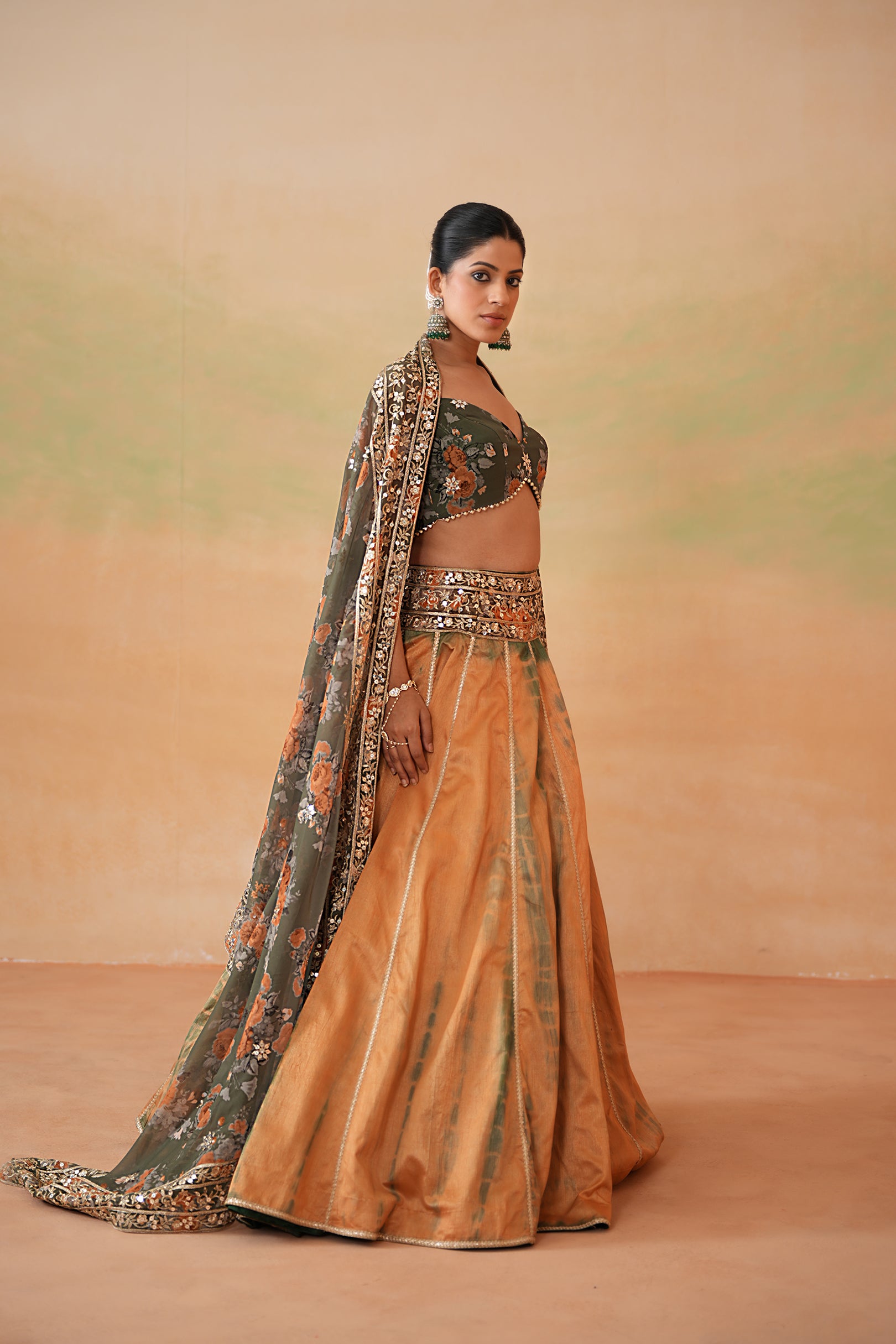 OLIVE GREEN PRINTED BLOUSE, TIE AND DYE LEHENGA AND PRINTED DUPATTA
