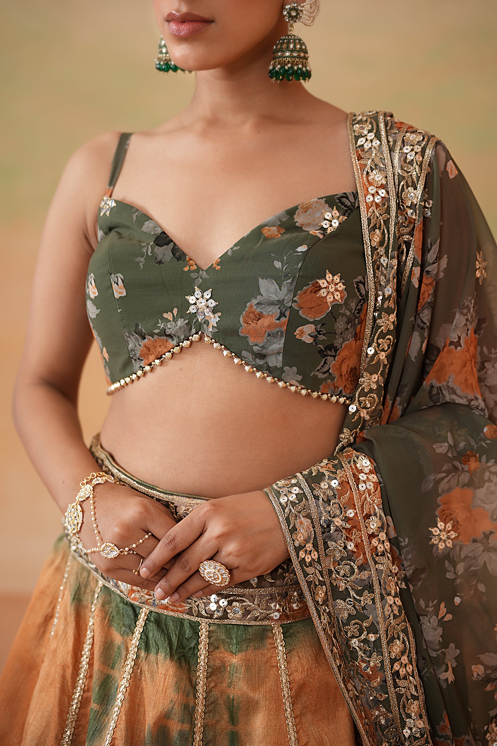 OLIVE GREEN PRINTED BLOUSE, TIE AND DYE LEHENGA AND PRINTED DUPATTA