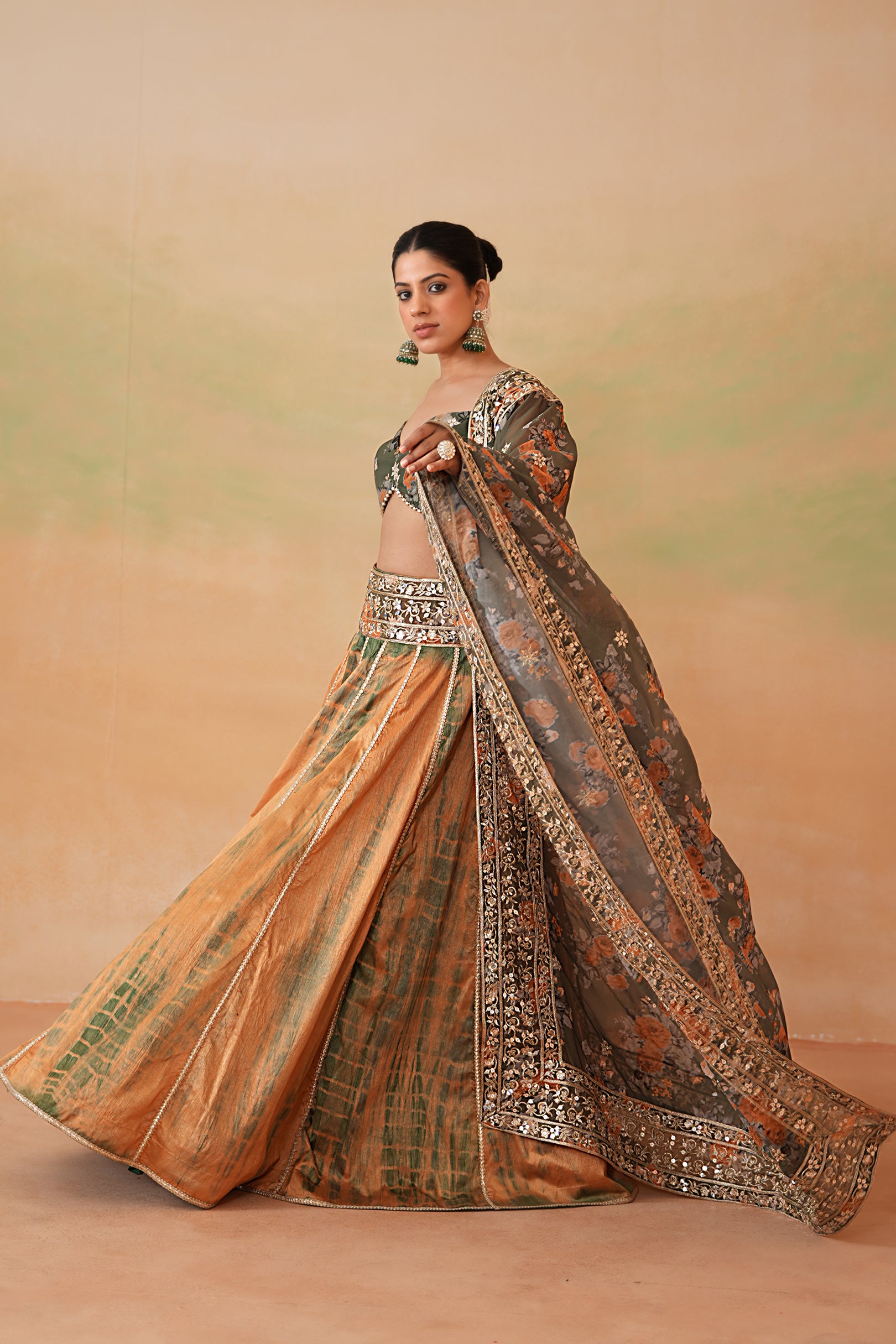 OLIVE GREEN PRINTED BLOUSE, TIE AND DYE LEHENGA AND PRINTED DUPATTA