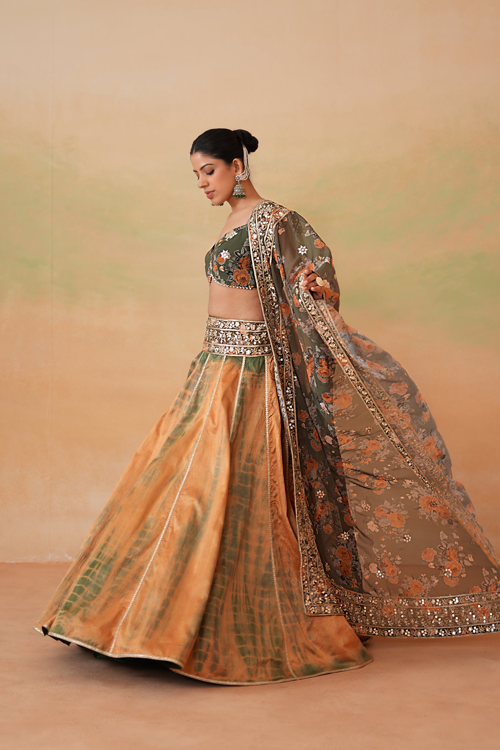 OLIVE GREEN PRINTED BLOUSE, TIE AND DYE LEHENGA AND PRINTED DUPATTA