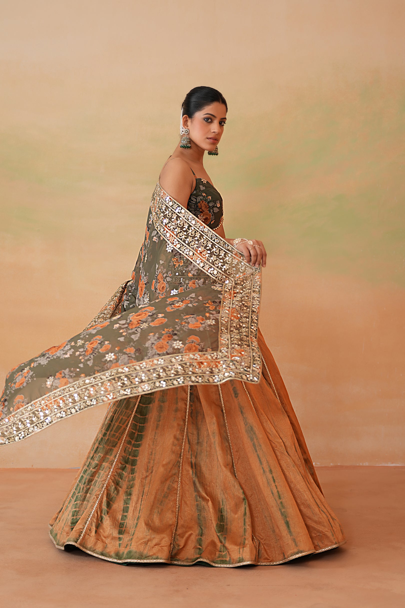 OLIVE GREEN PRINTED BLOUSE, TIE AND DYE LEHENGA AND PRINTED DUPATTA