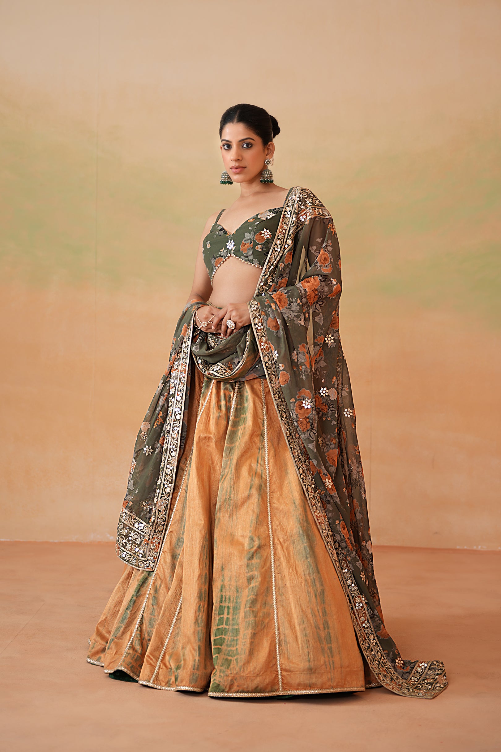 OLIVE GREEN PRINTED BLOUSE, TIE AND DYE LEHENGA AND PRINTED DUPATTA