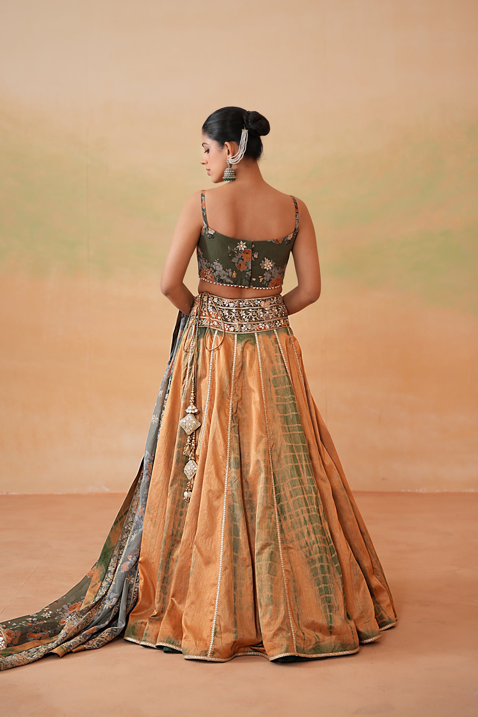 OLIVE GREEN PRINTED BLOUSE, TIE AND DYE LEHENGA AND PRINTED DUPATTA