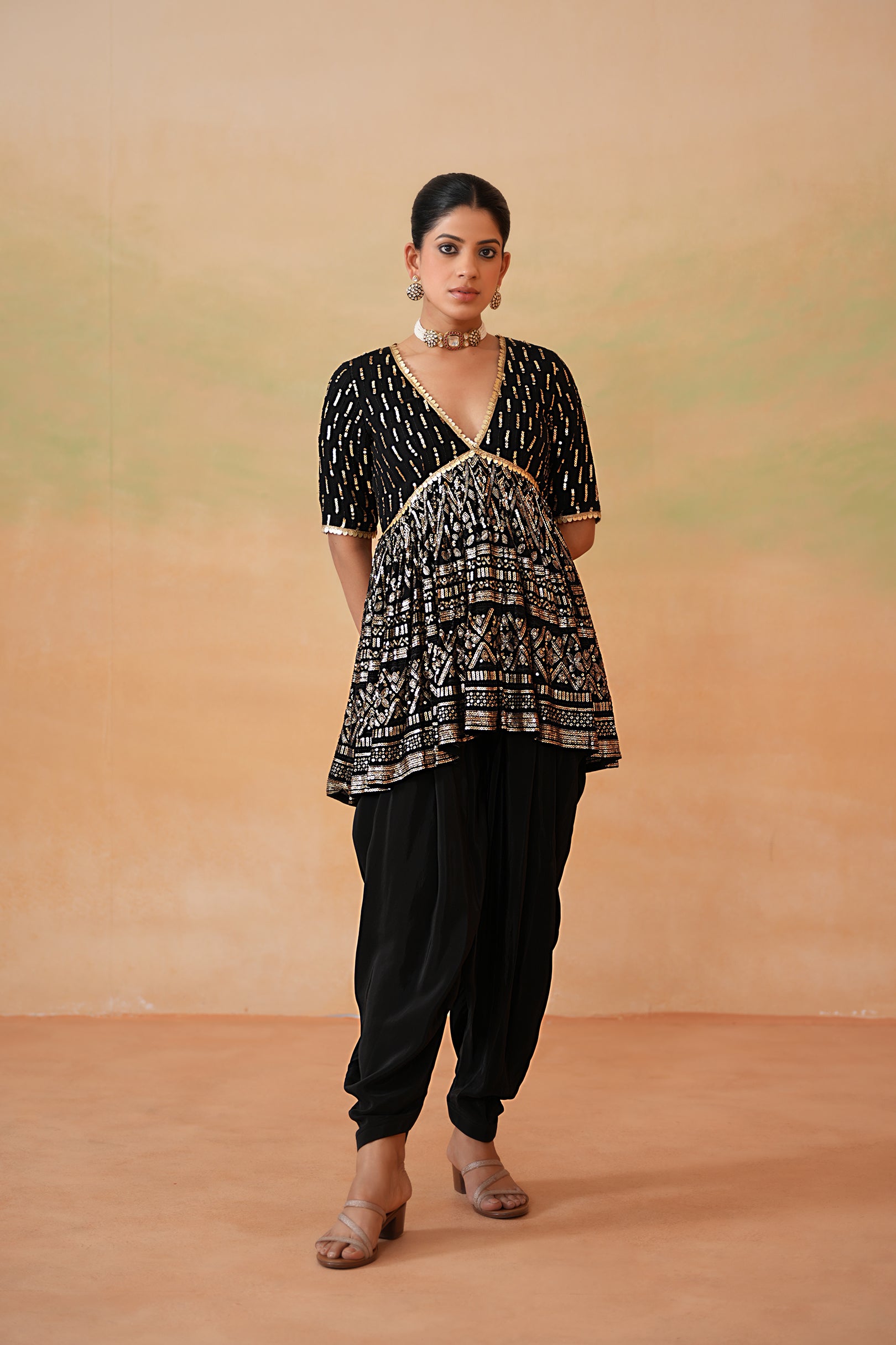 BLACK EMBROIDERY FABRIC PEPLUM KURTI, DHOTI SALWAR, DUPATTA