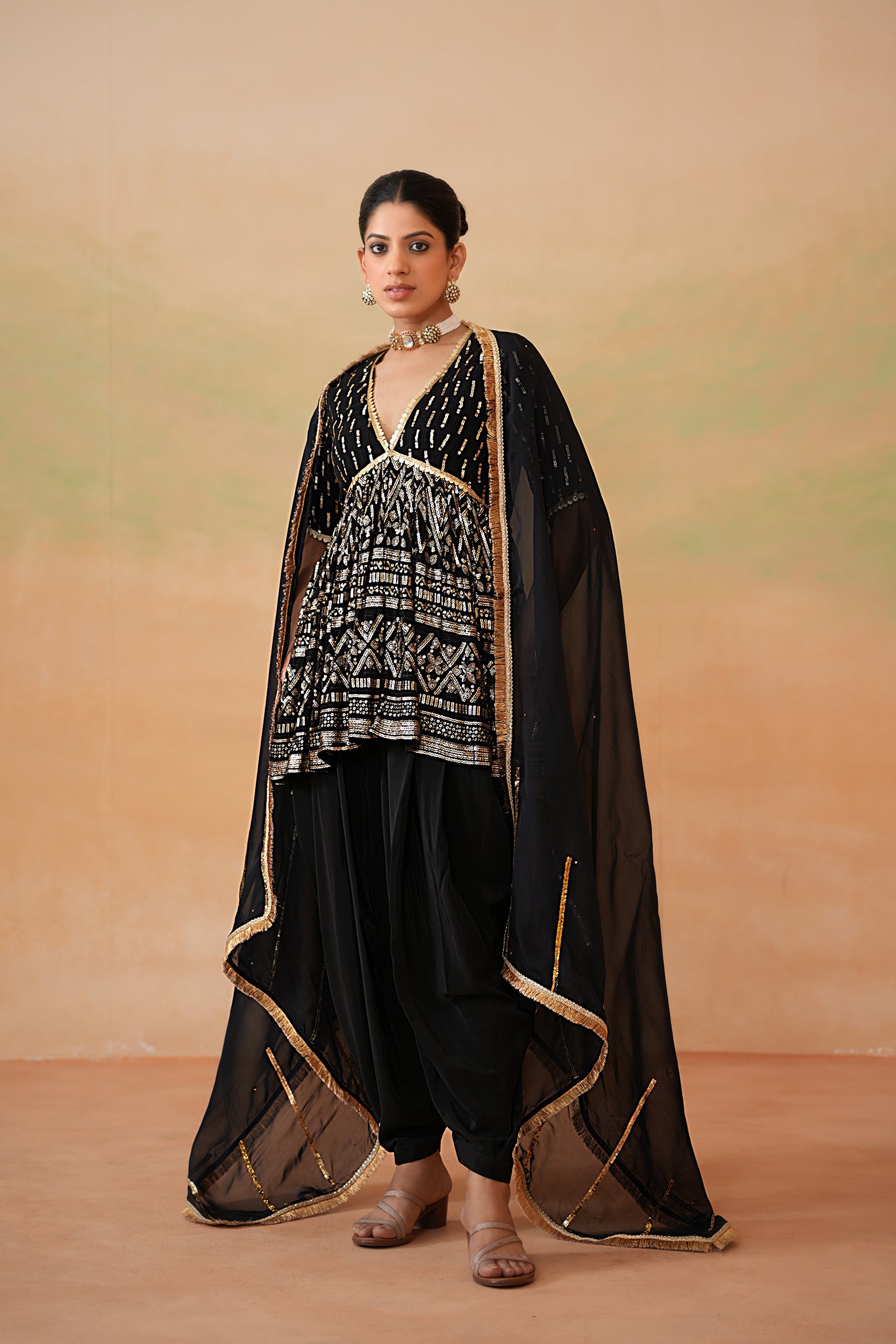 BLACK EMBROIDERY FABRIC PEPLUM KURTI, DHOTI SALWAR, DUPATTA