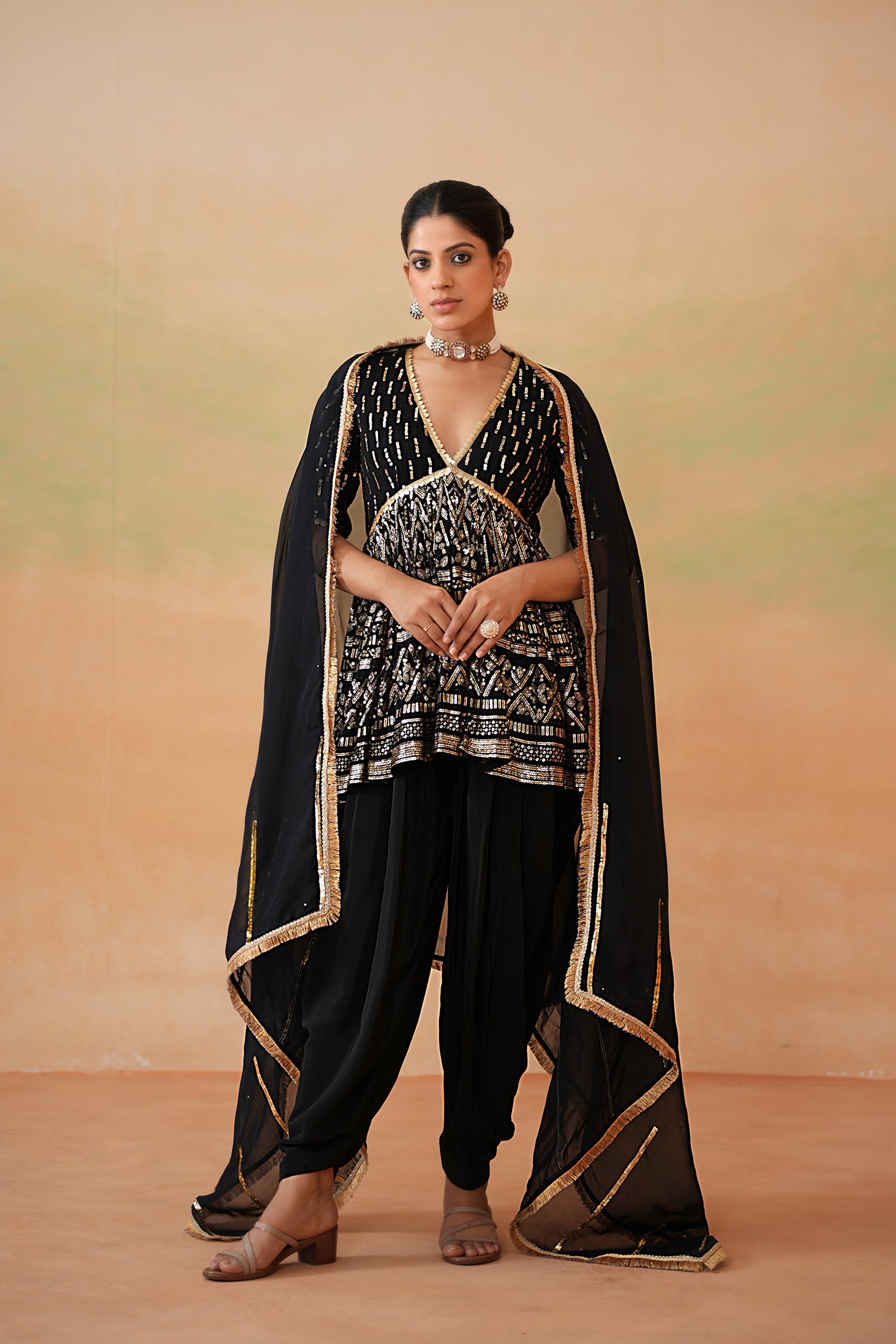 BLACK EMBROIDERY FABRIC PEPLUM KURTI, DHOTI SALWAR, DUPATTA