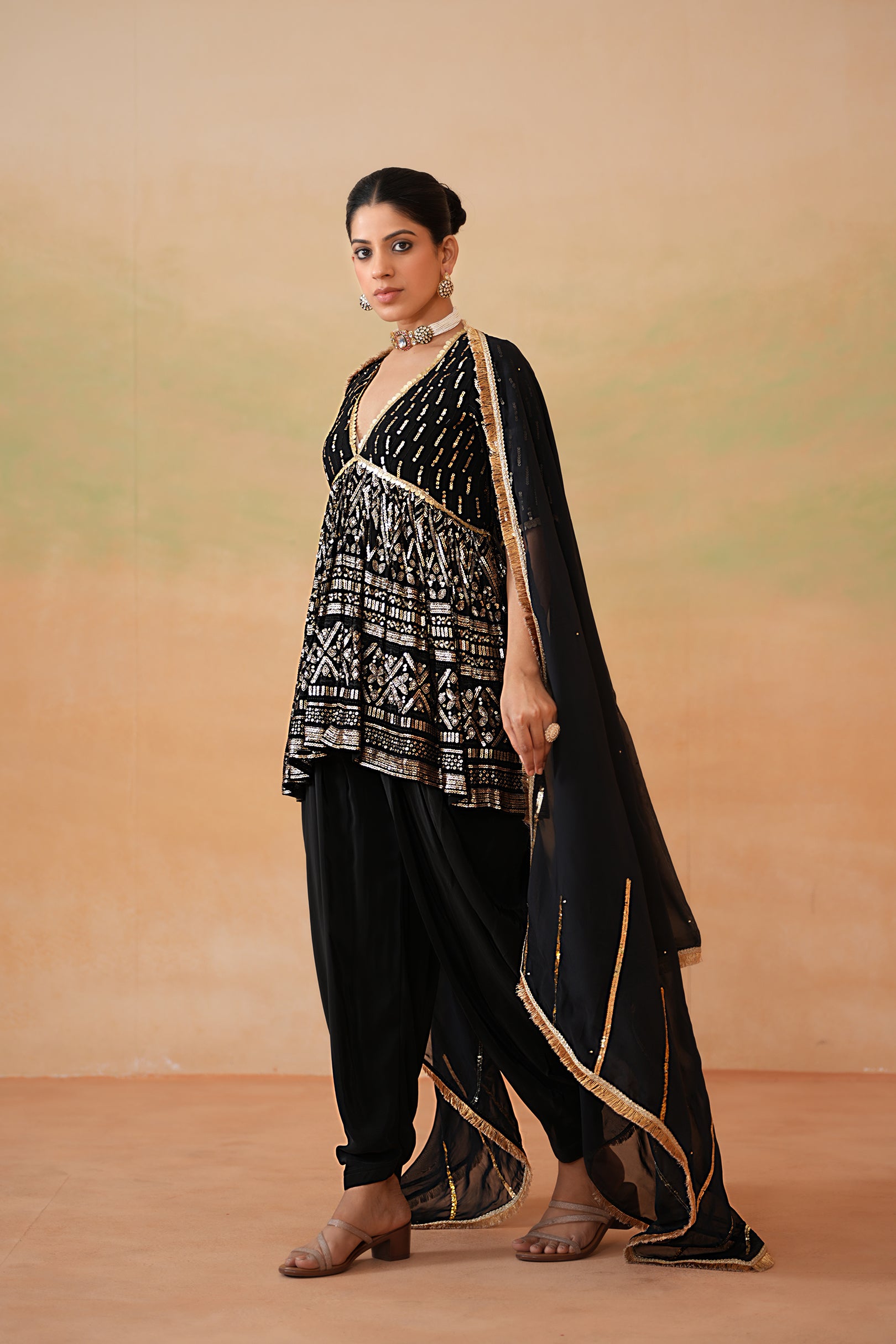 BLACK EMBROIDERY FABRIC PEPLUM KURTI, DHOTI SALWAR, DUPATTA