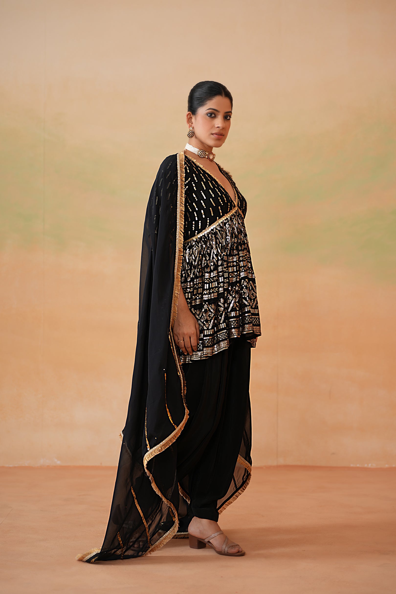 BLACK EMBROIDERY FABRIC PEPLUM KURTI, DHOTI SALWAR, DUPATTA