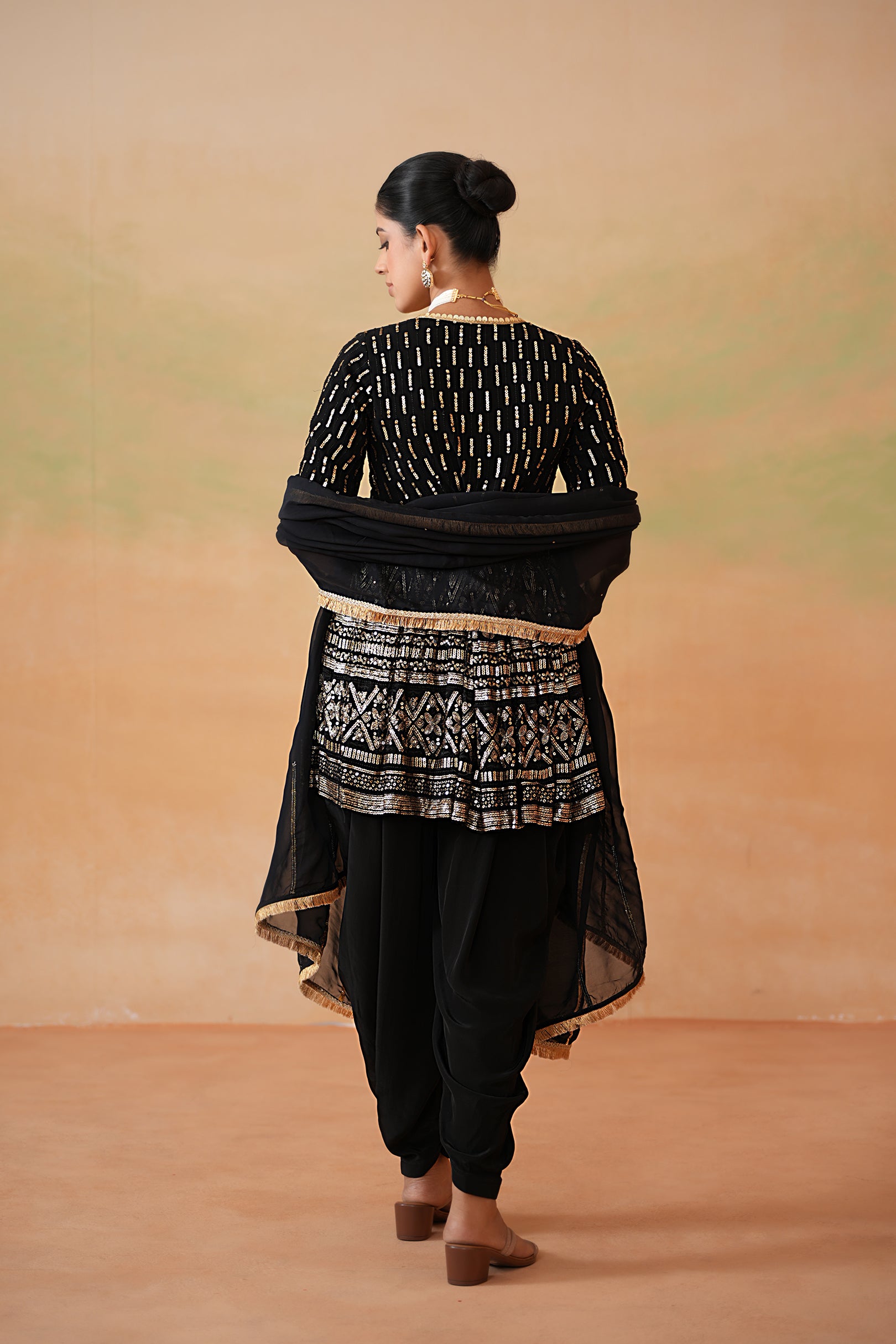BLACK EMBROIDERY FABRIC PEPLUM KURTI, DHOTI SALWAR, DUPATTA