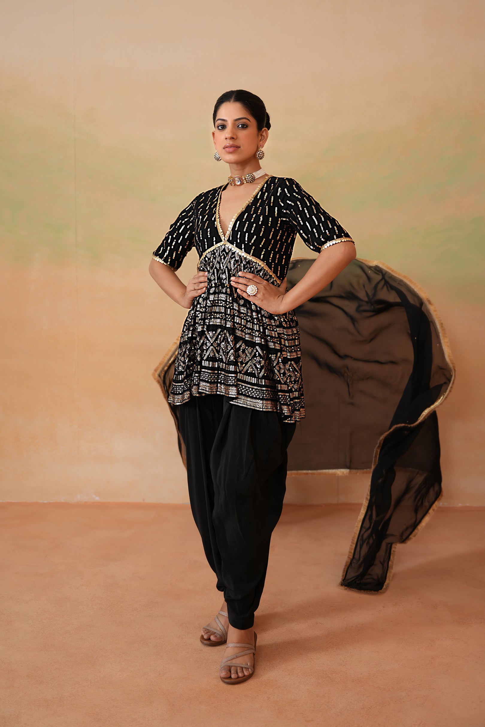 BLACK EMBROIDERY FABRIC PEPLUM KURTI, DHOTI SALWAR, DUPATTA