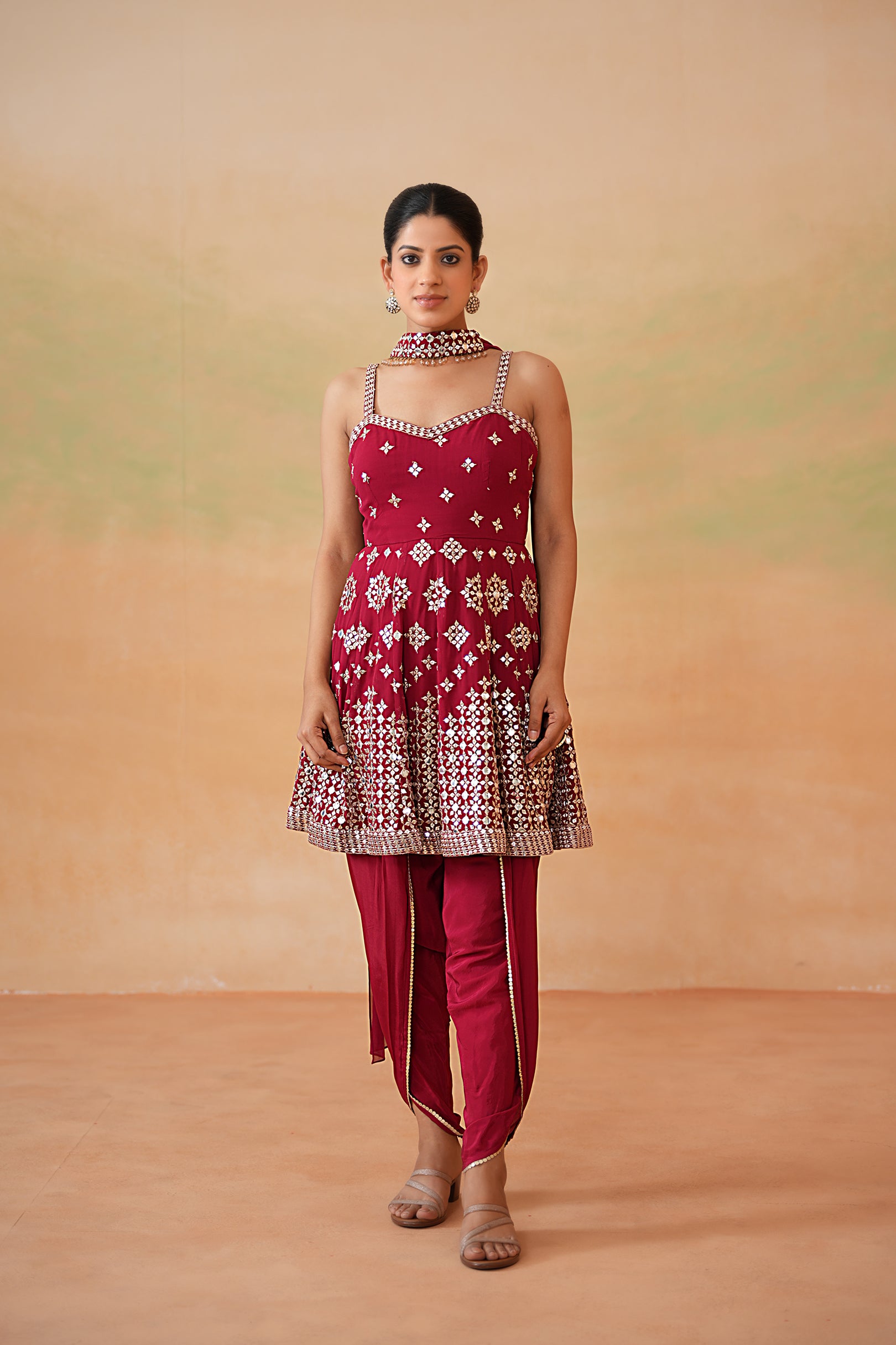 MAROON EMBROIDERY FABRIC PEPLUM KURTI, TULIP SALWAR AND CHOKER DUPATTA
