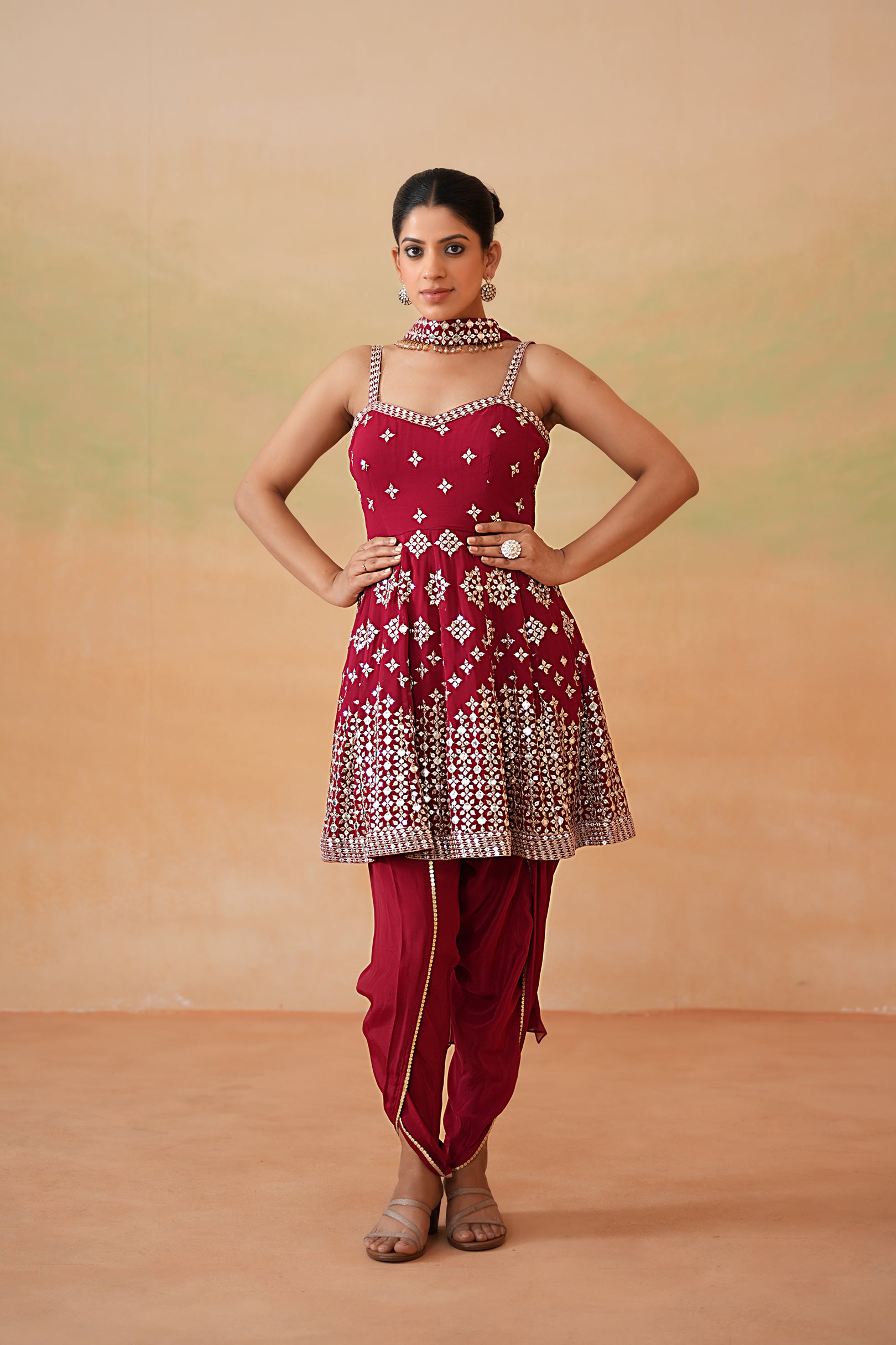MAROON EMBROIDERY FABRIC PEPLUM KURTI, TULIP SALWAR AND CHOKER DUPATTA