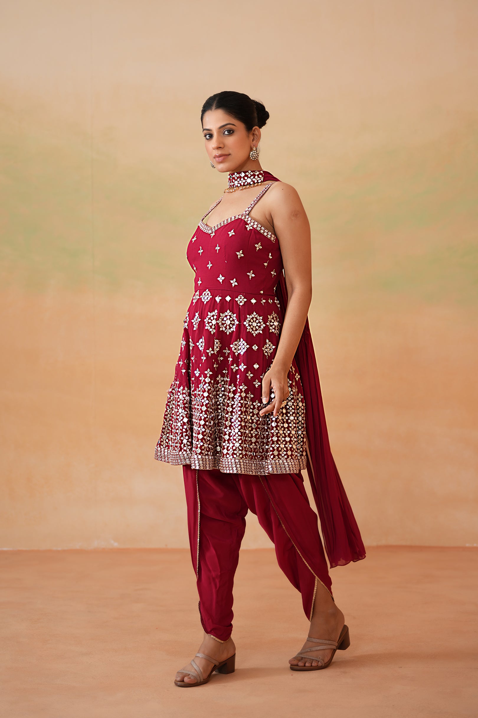 MAROON EMBROIDERY FABRIC PEPLUM KURTI, TULIP SALWAR AND CHOKER DUPATTA