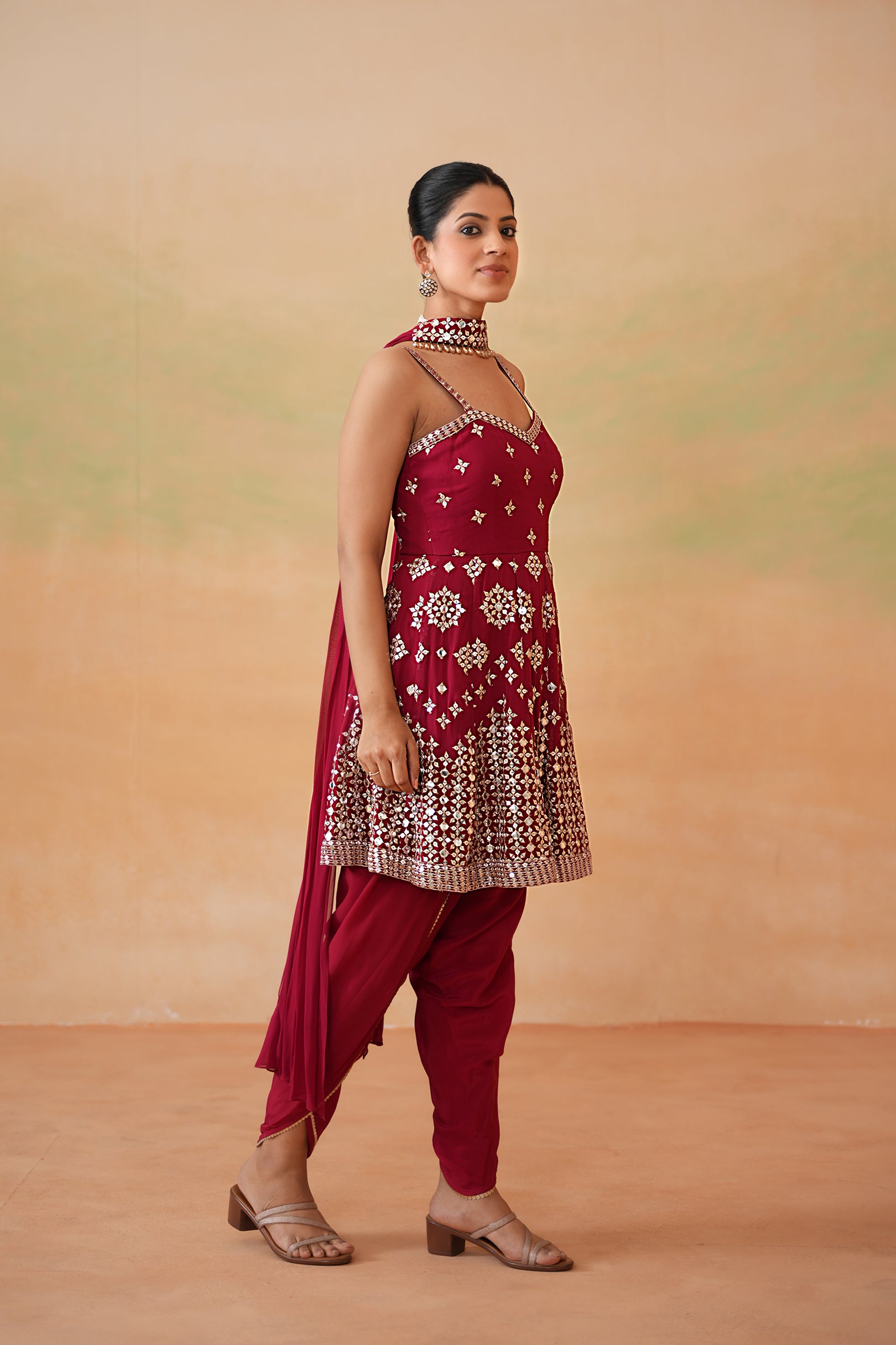 MAROON EMBROIDERY FABRIC PEPLUM KURTI, TULIP SALWAR AND CHOKER DUPATTA