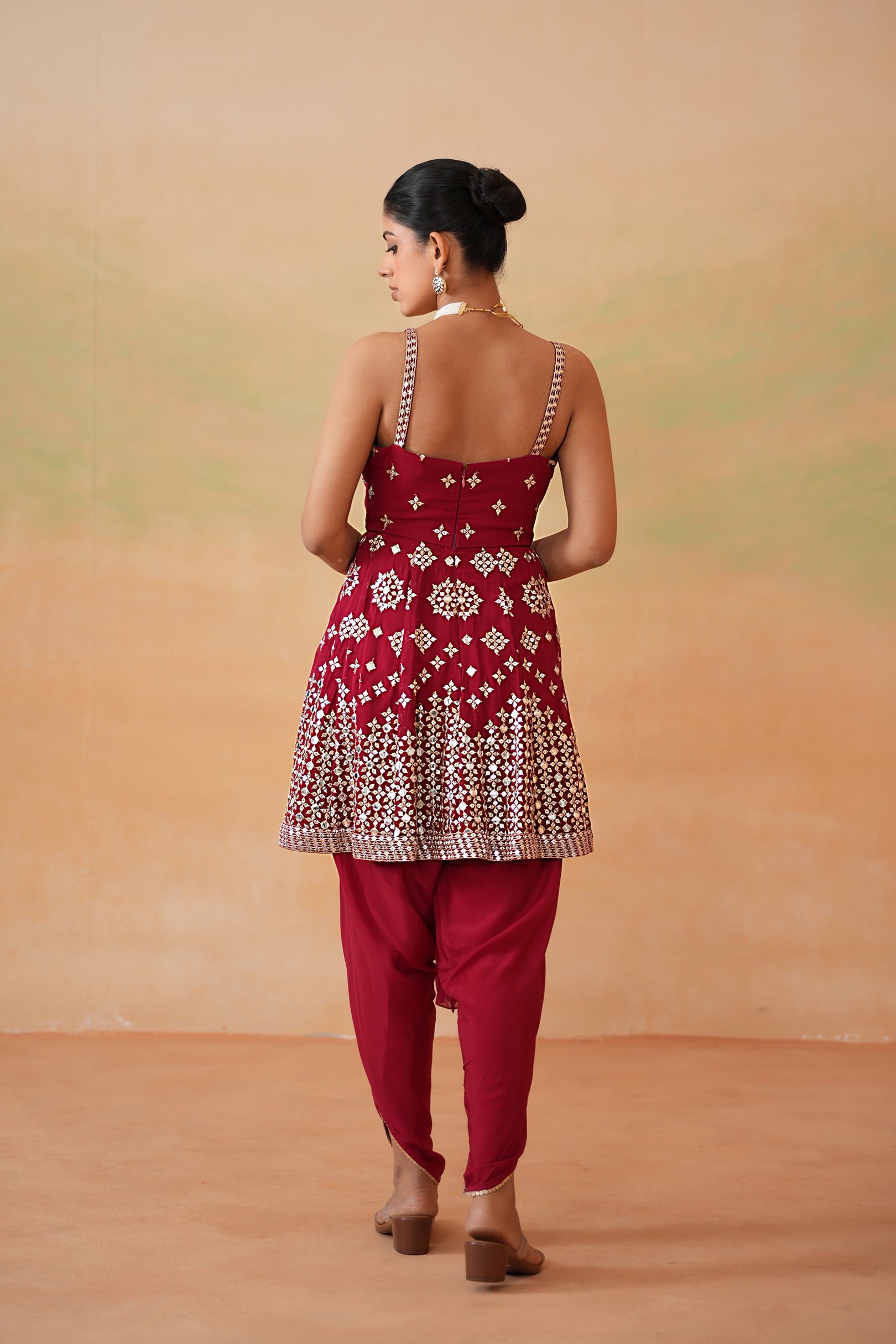MAROON EMBROIDERY FABRIC PEPLUM KURTI, TULIP SALWAR AND CHOKER DUPATTA