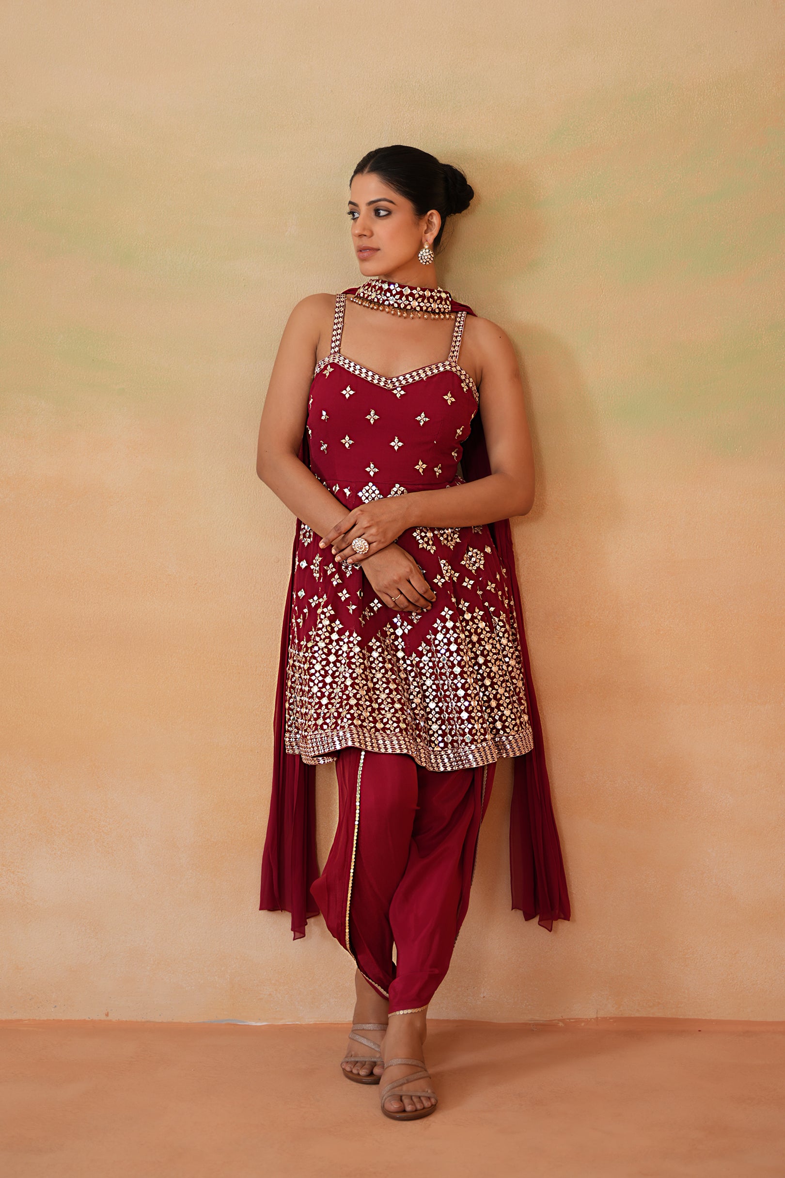 MAROON EMBROIDERY FABRIC PEPLUM KURTI, TULIP SALWAR AND CHOKER DUPATTA