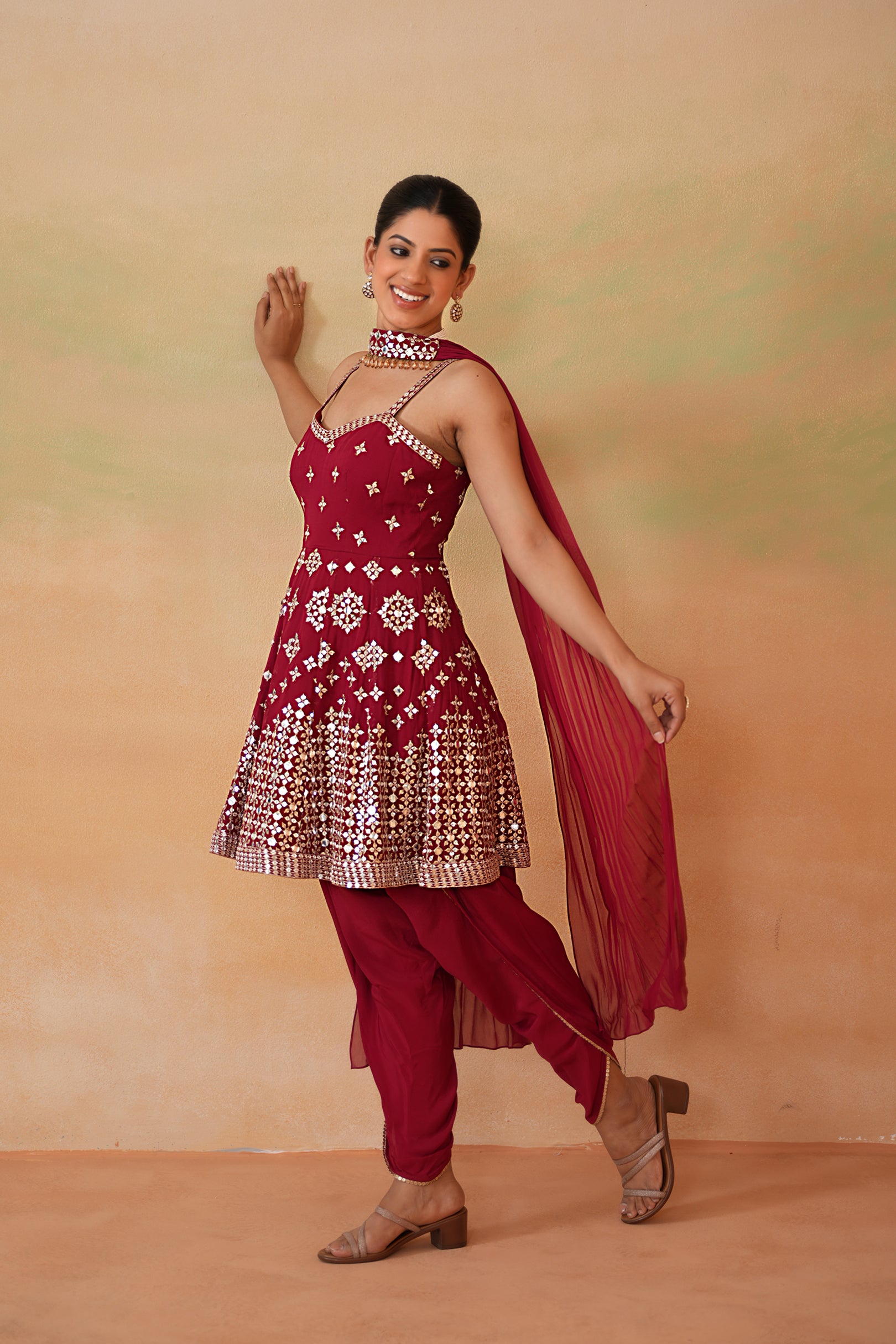 MAROON EMBROIDERY FABRIC PEPLUM KURTI, TULIP SALWAR AND CHOKER DUPATTA