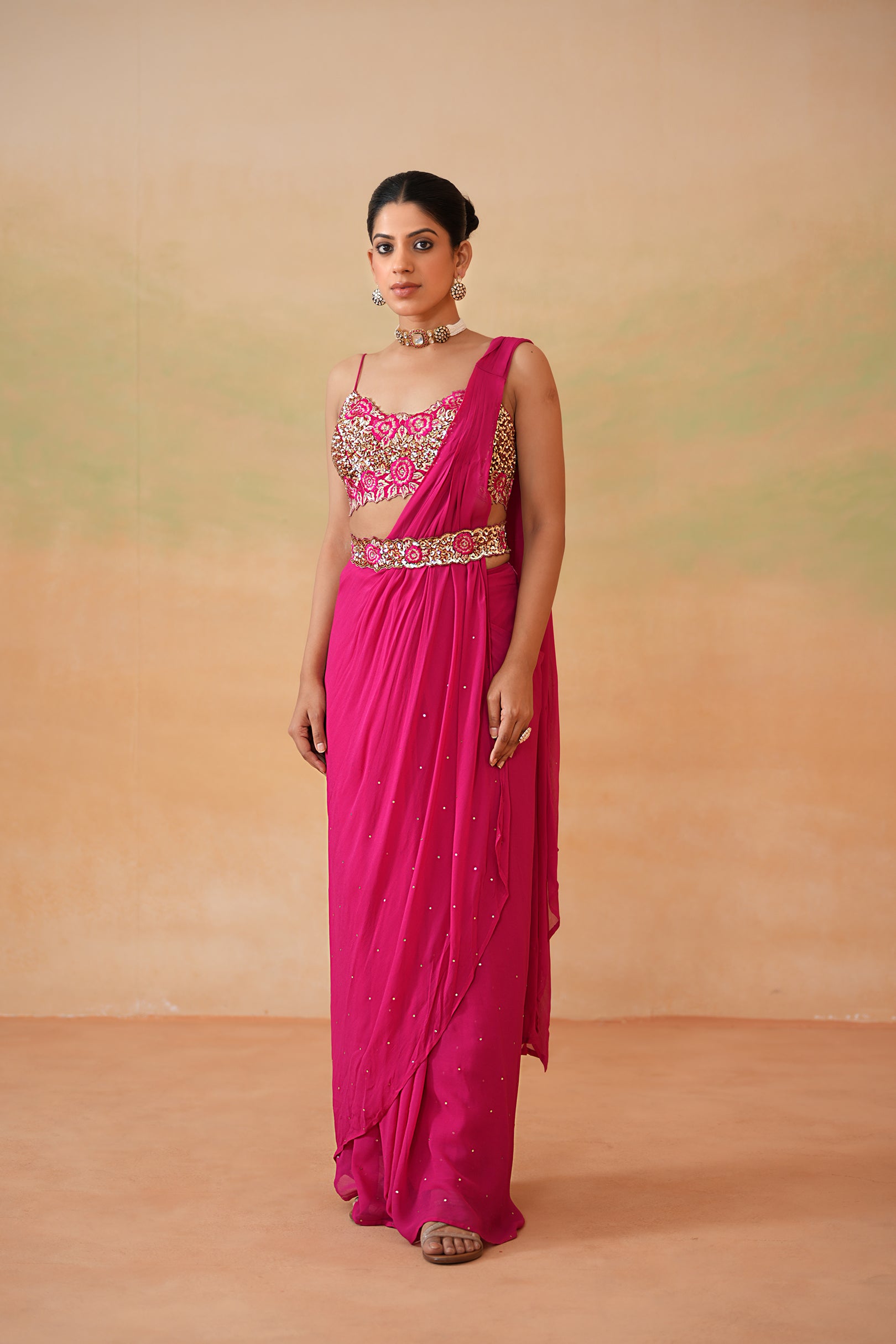 FUCHSIA EMBROIDERED BLOUSE, DRAPE SAREE, BELT