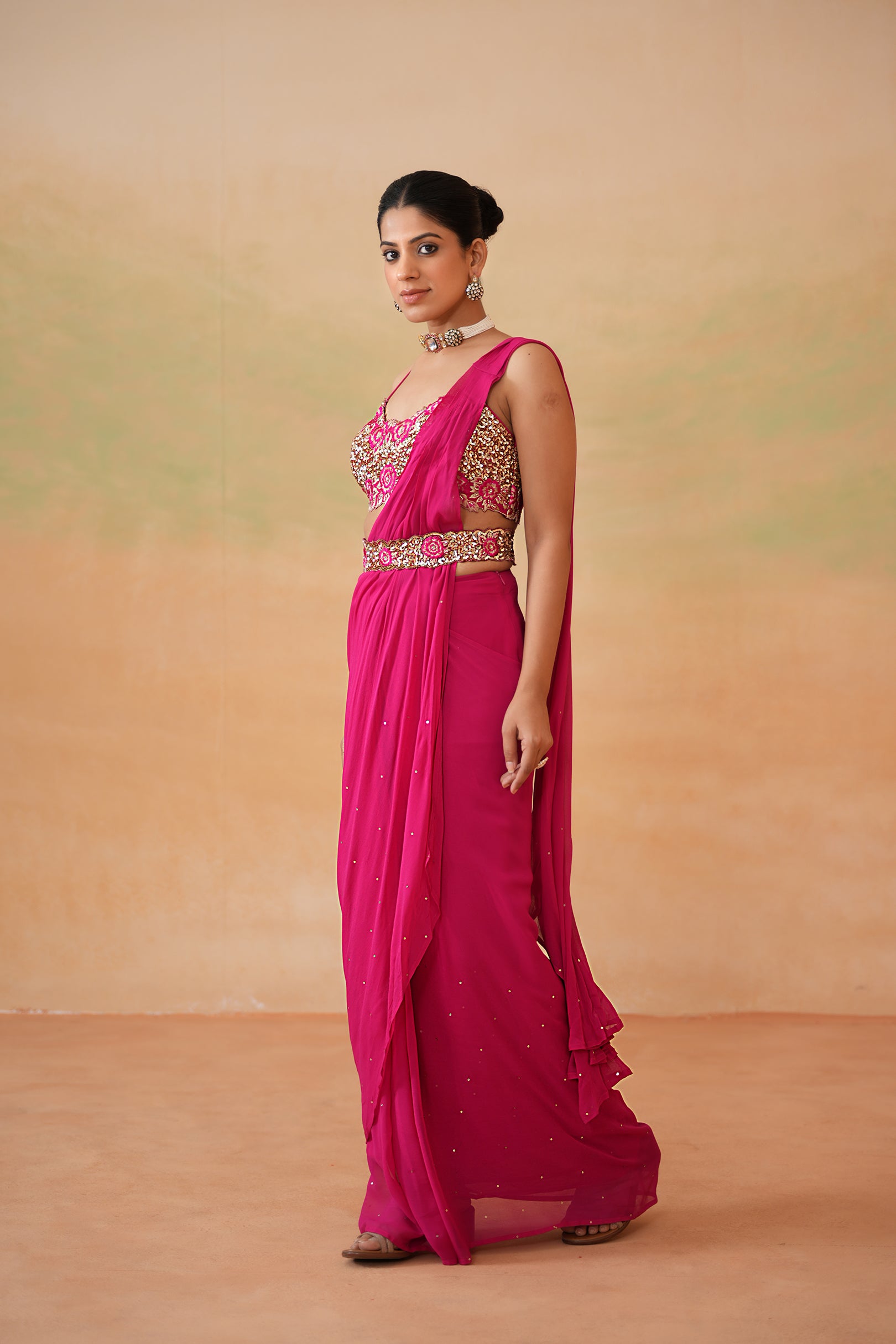 FUCHSIA EMBROIDERED BLOUSE, DRAPE SAREE, BELT