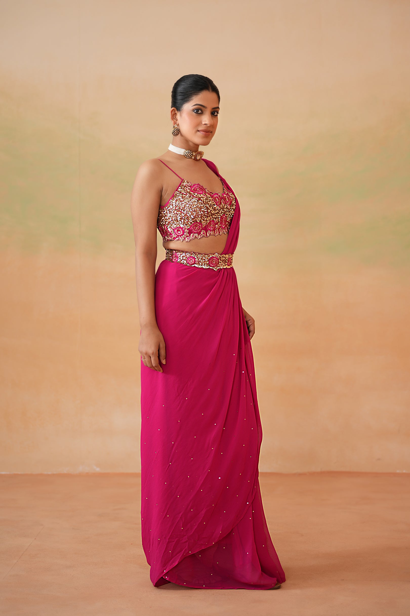 FUCHSIA EMBROIDERED BLOUSE, DRAPE SAREE, BELT