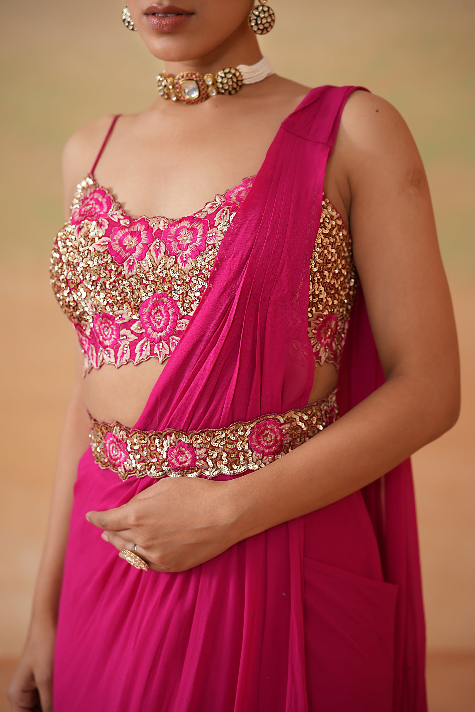 FUCHSIA EMBROIDERED BLOUSE, DRAPE SAREE, BELT