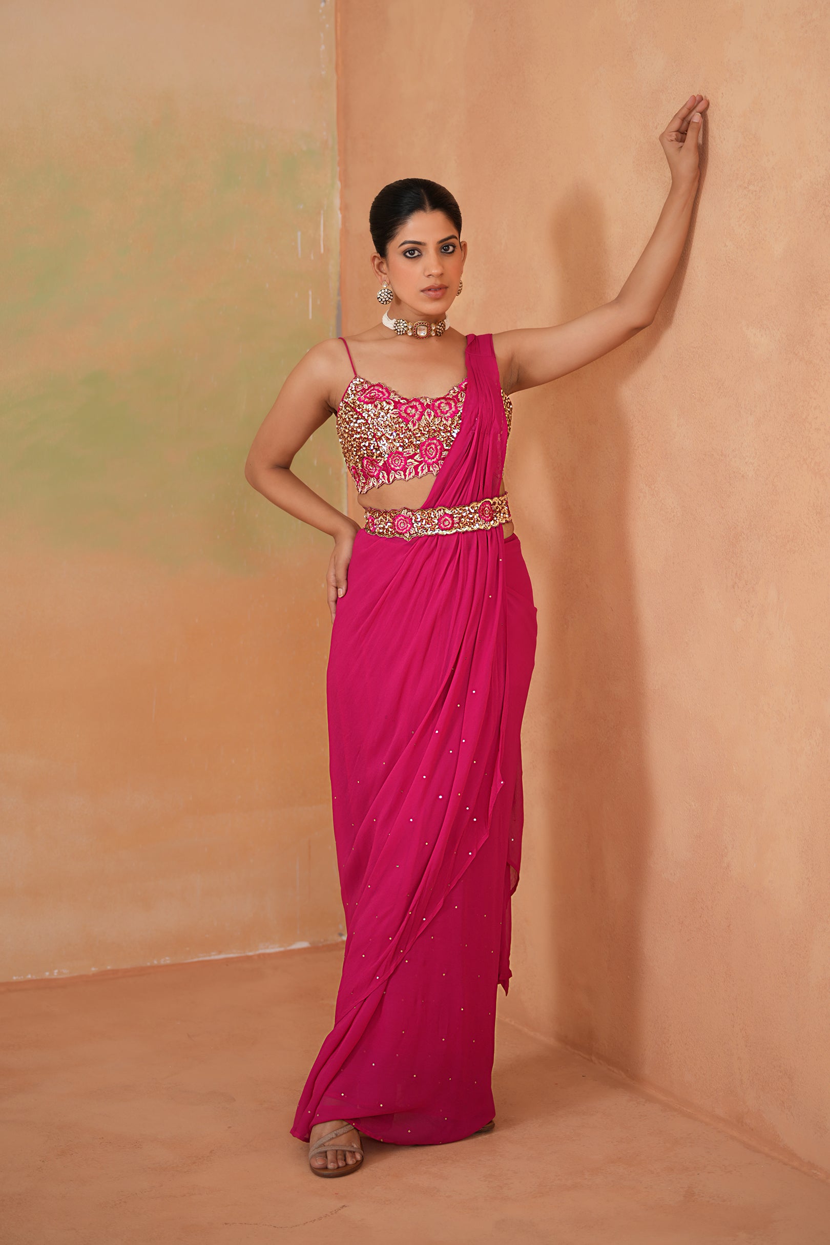 FUCHSIA EMBROIDERED BLOUSE, DRAPE SAREE, BELT