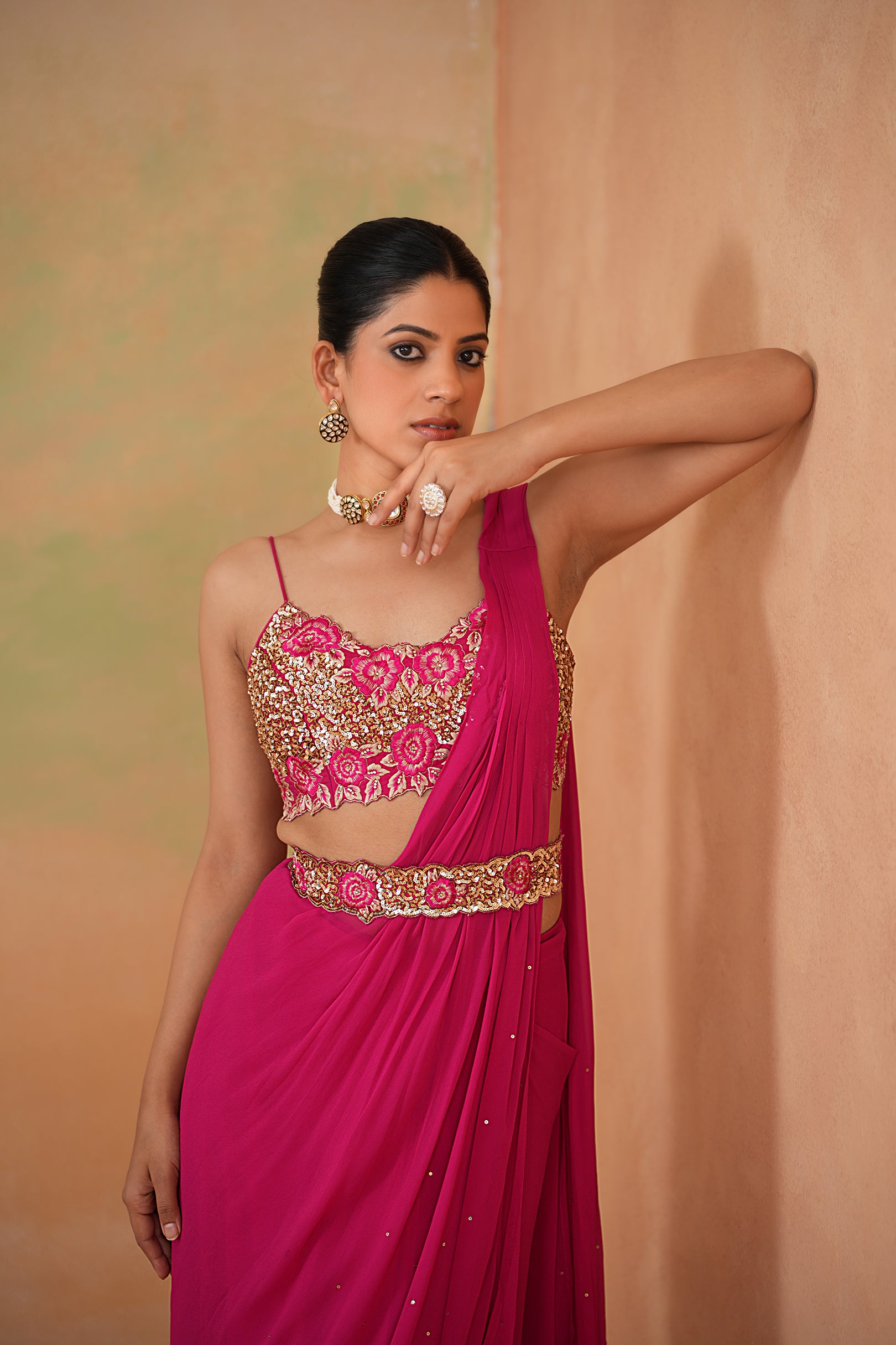 FUCHSIA EMBROIDERED BLOUSE, DRAPE SAREE, BELT