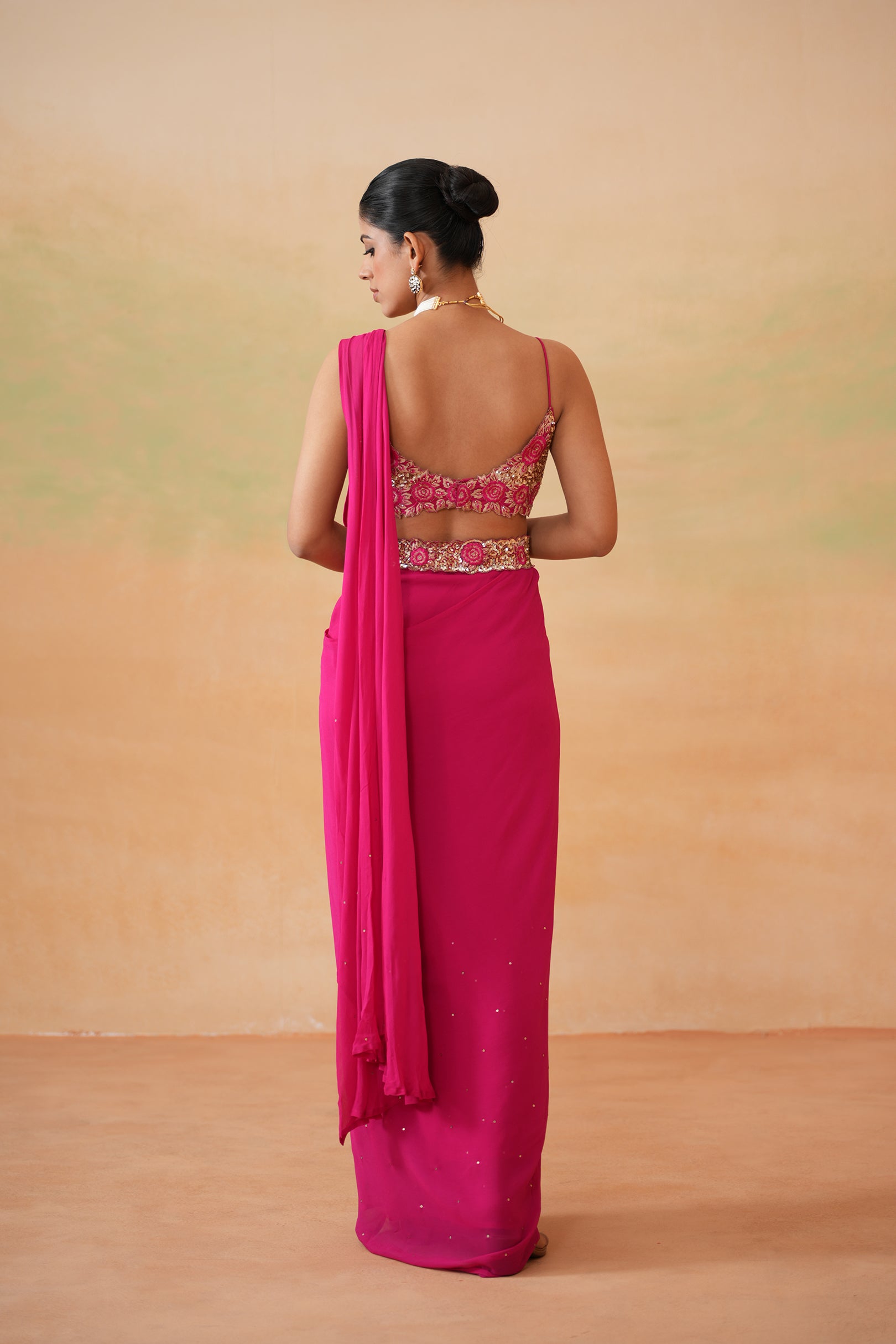 FUCHSIA EMBROIDERED BLOUSE, DRAPE SAREE, BELT