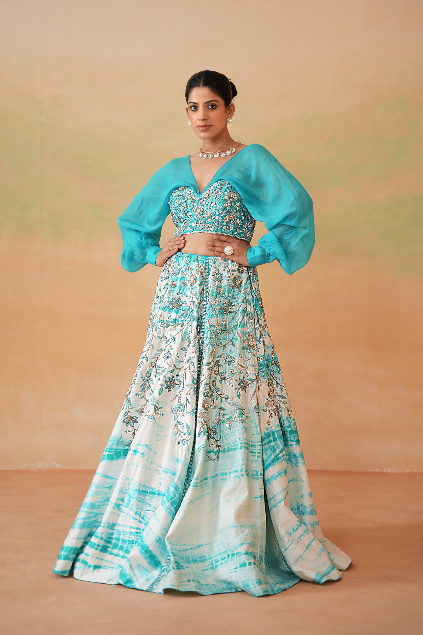 SKY BLUE EMBROIDERED BLOUSE AND TIE AND DYE LEHENGA