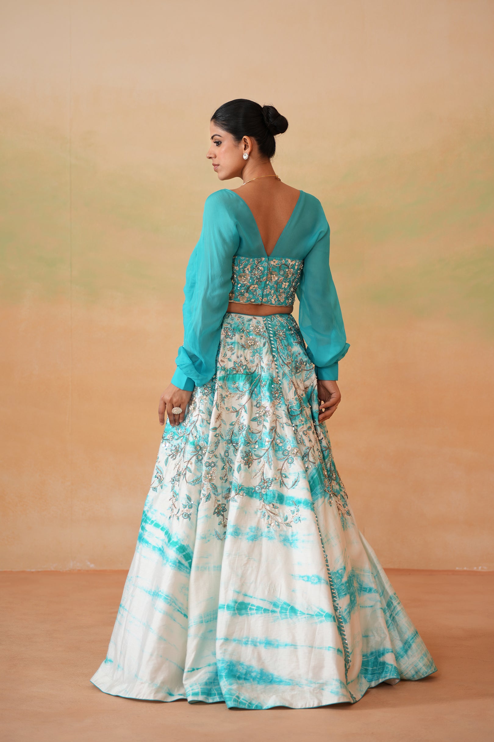 SKY BLUE EMBROIDERED BLOUSE AND TIE AND DYE LEHENGA