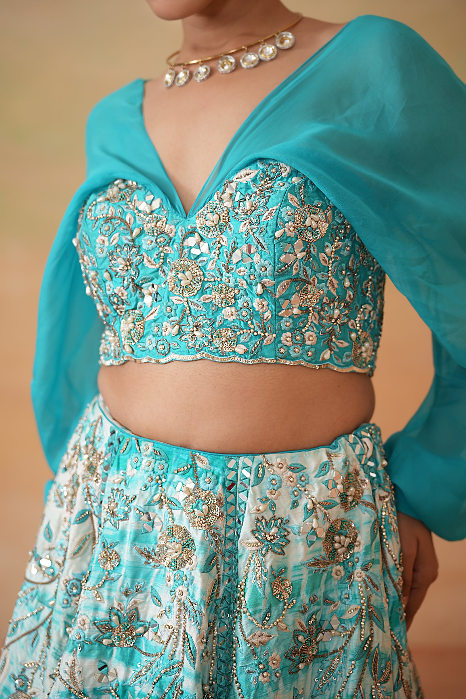 SKY BLUE EMBROIDERED BLOUSE AND TIE AND DYE LEHENGA