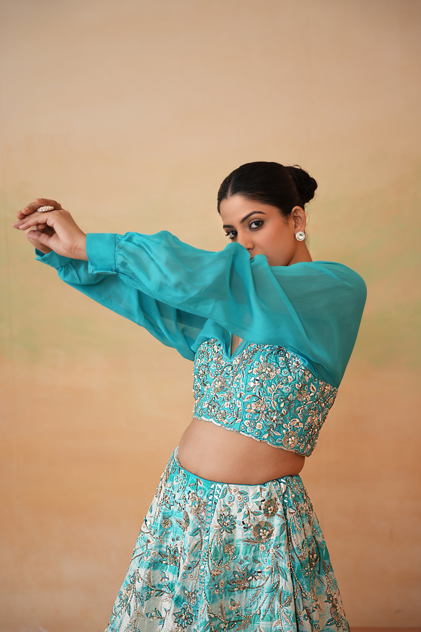 SKY BLUE EMBROIDERED BLOUSE AND TIE AND DYE LEHENGA