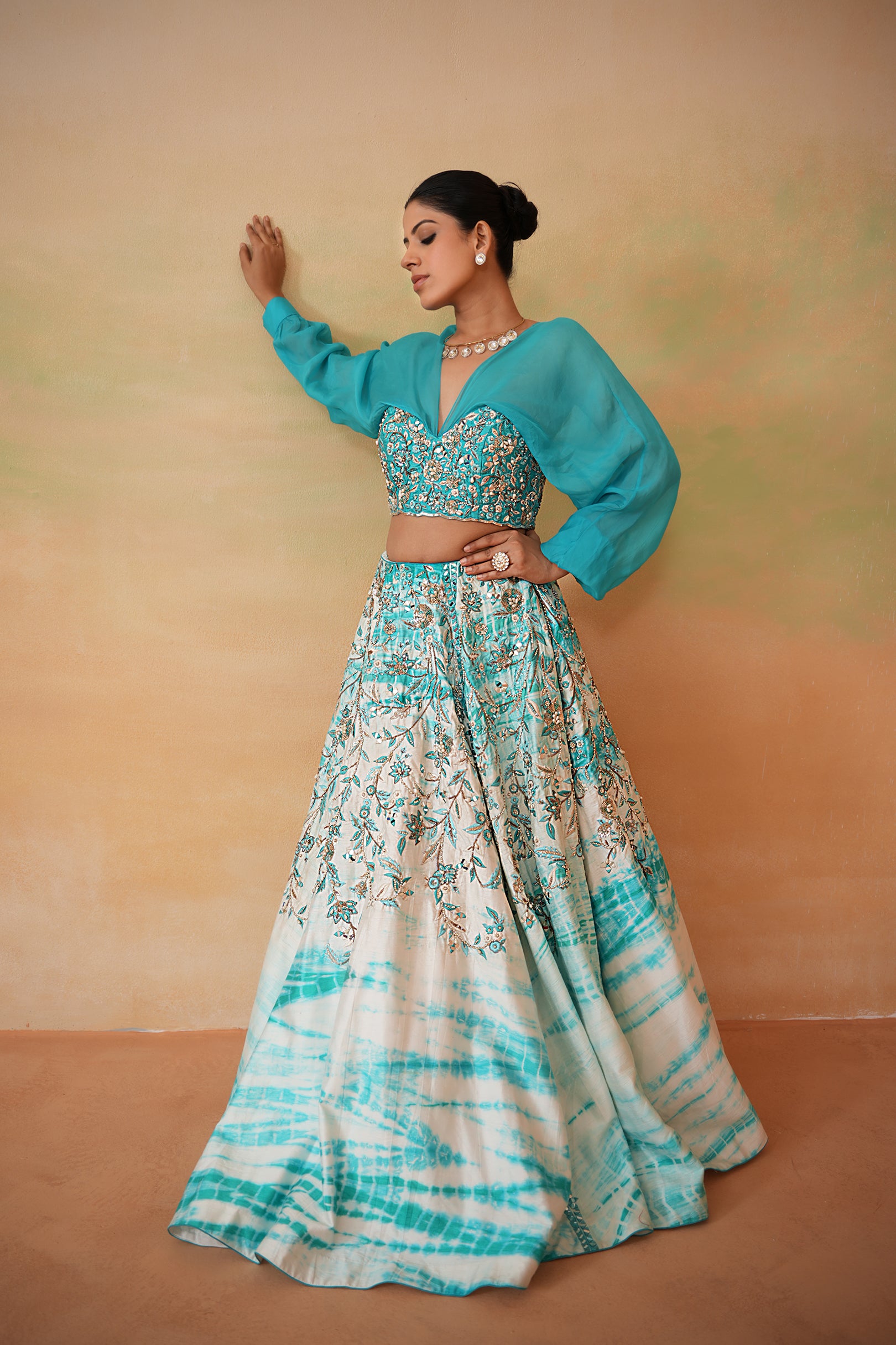 SKY BLUE EMBROIDERED BLOUSE AND TIE AND DYE LEHENGA