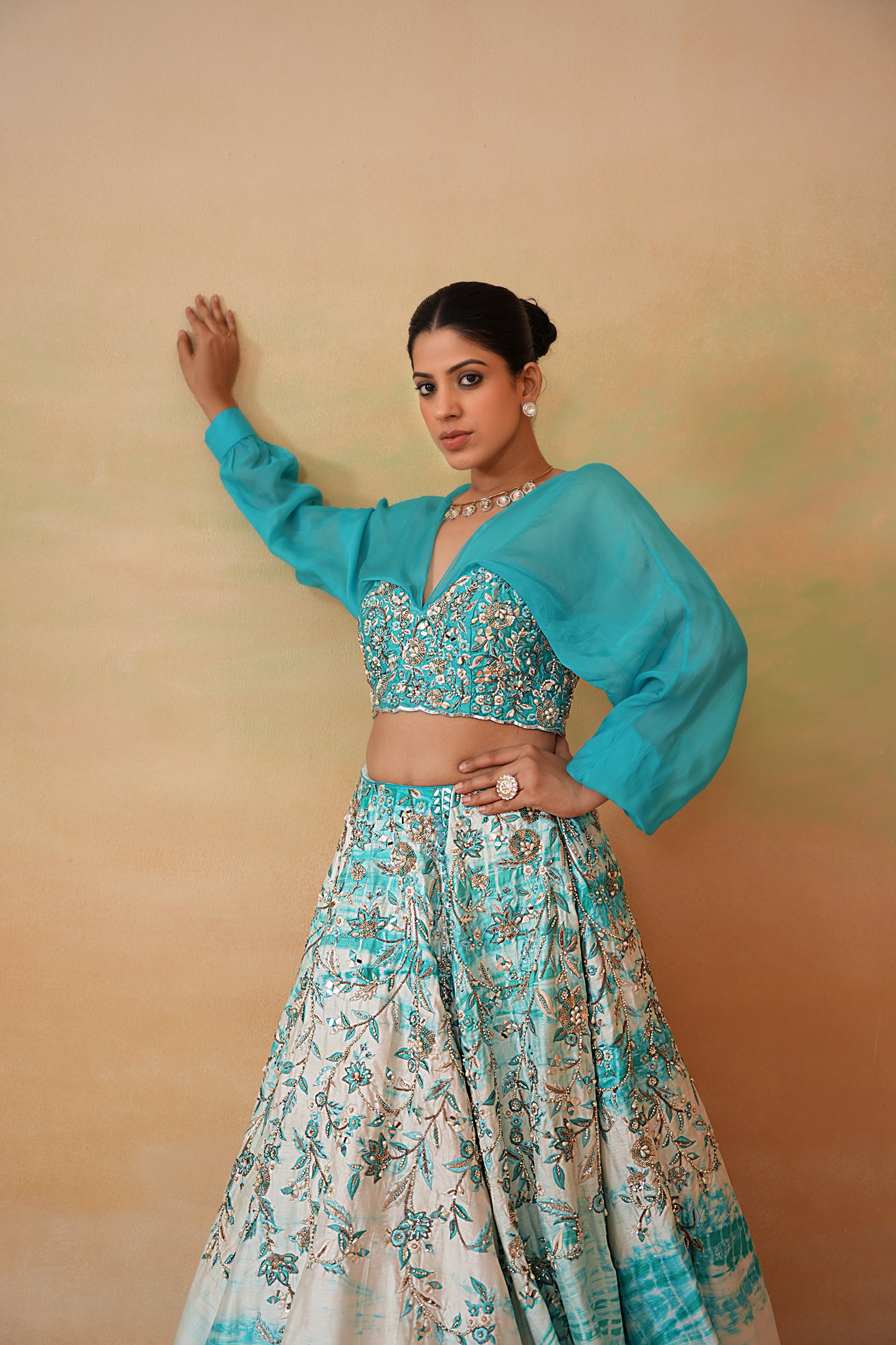 SKY BLUE EMBROIDERED BLOUSE AND TIE AND DYE LEHENGA