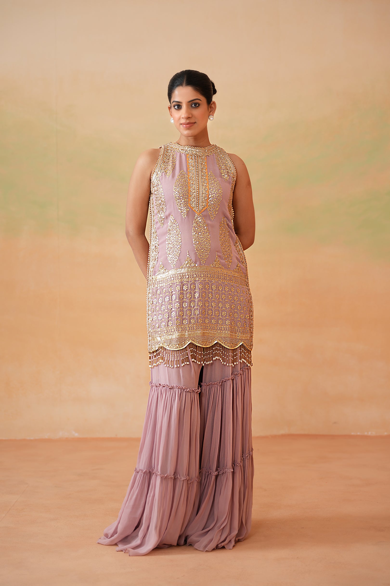 MAUVE READY FABRIC KURTI, GHARARA, MUSTARD DUPATTA