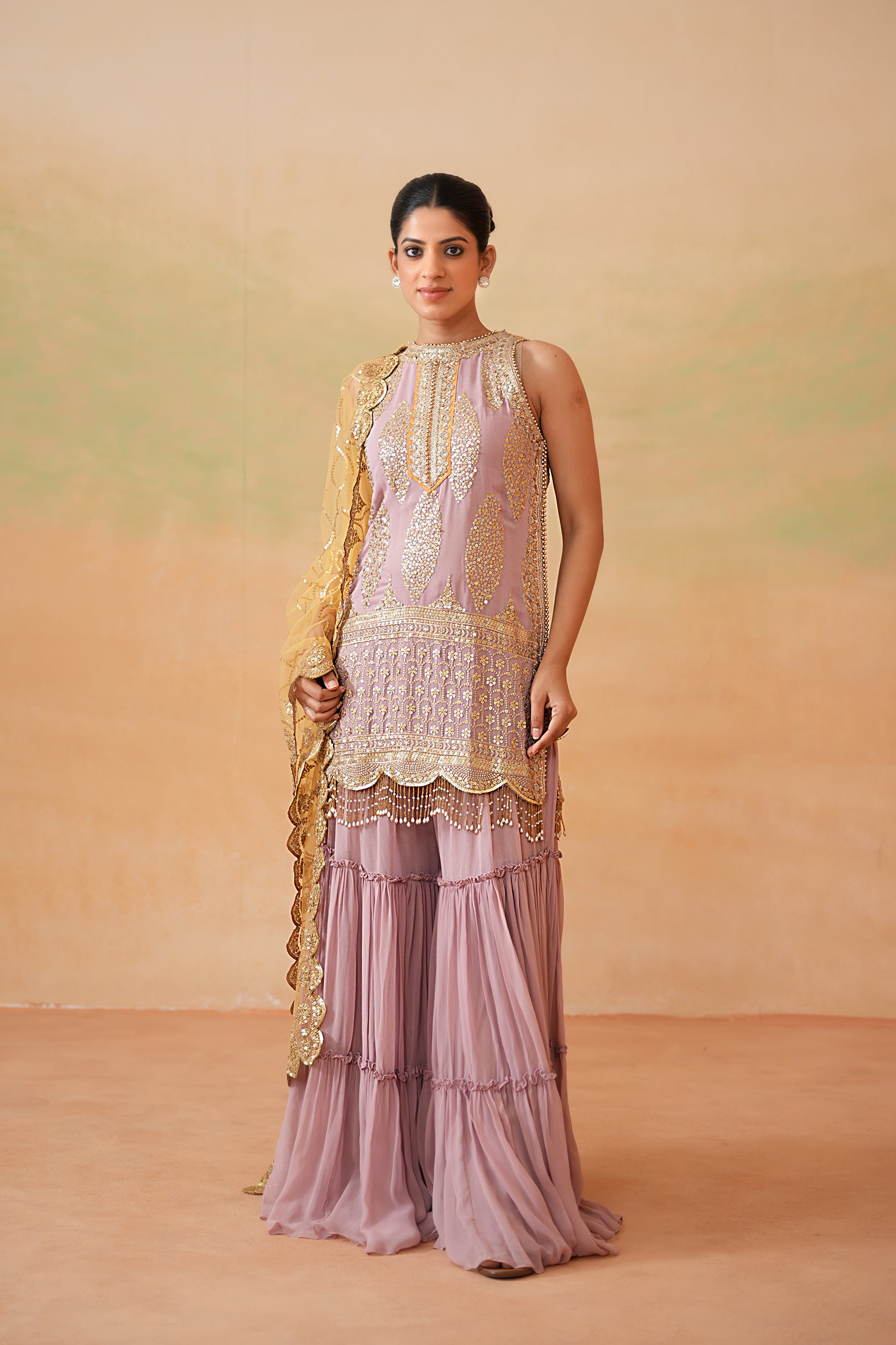 MAUVE READY FABRIC KURTI, GHARARA, MUSTARD DUPATTA