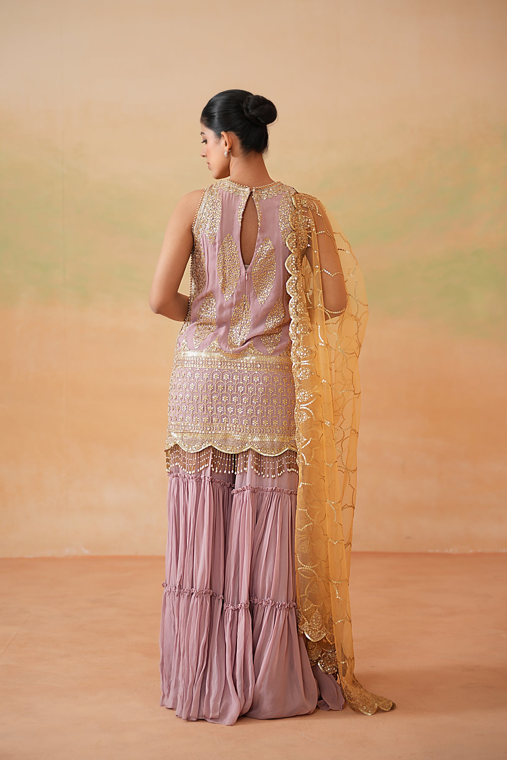 MAUVE READY FABRIC KURTI, GHARARA, MUSTARD DUPATTA