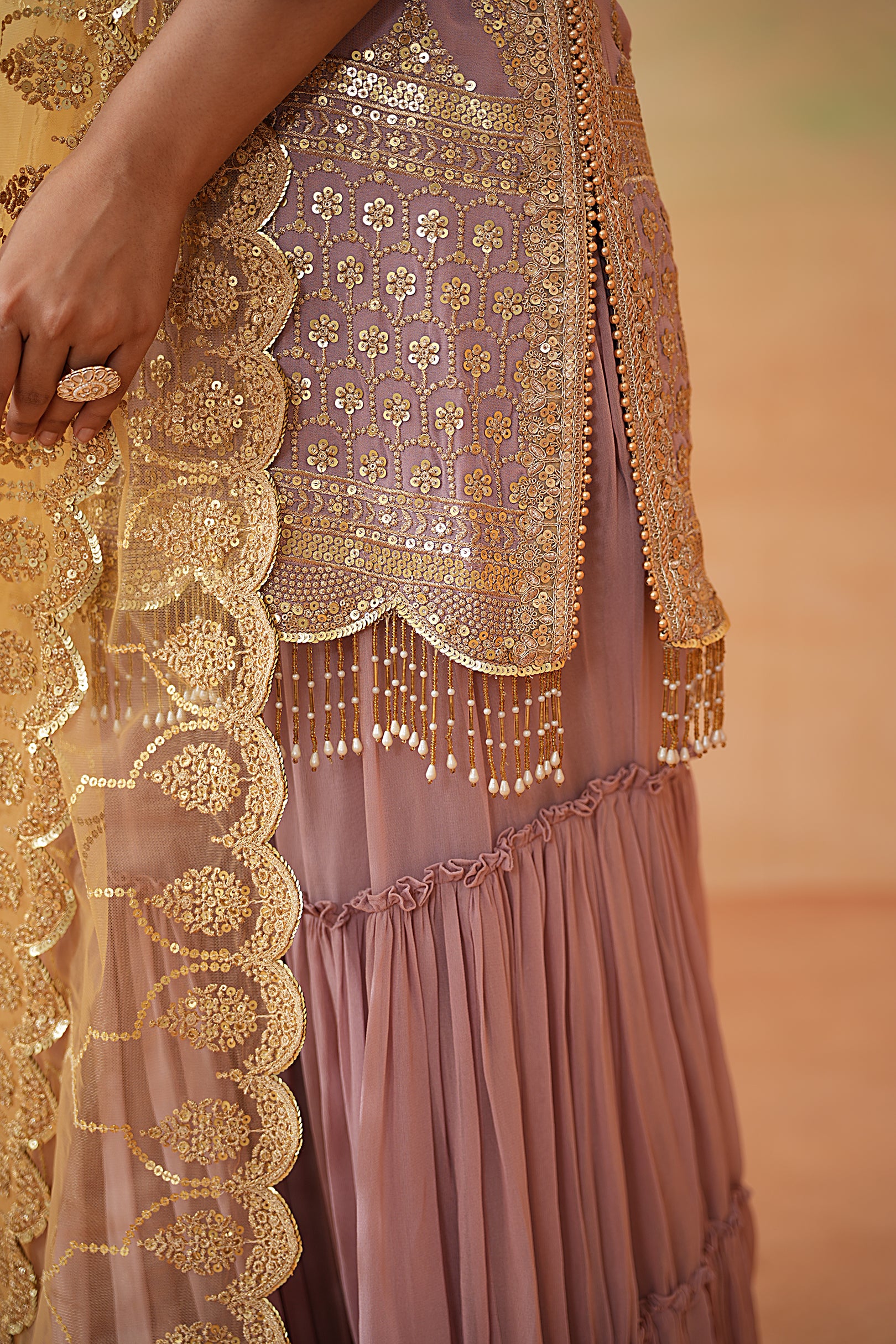 MAUVE READY FABRIC KURTI, GHARARA, MUSTARD DUPATTA