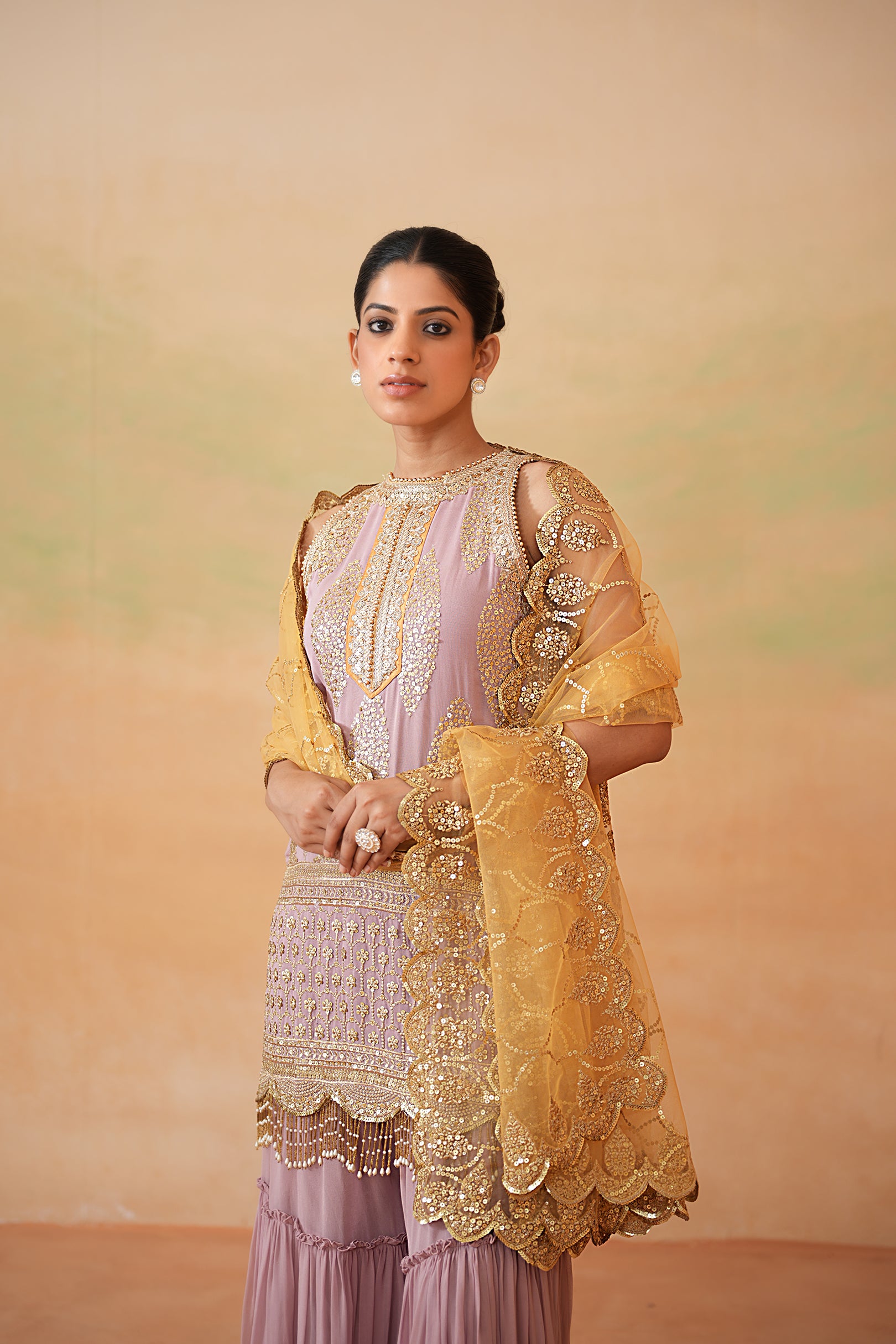 MAUVE READY FABRIC KURTI, GHARARA, MUSTARD DUPATTA