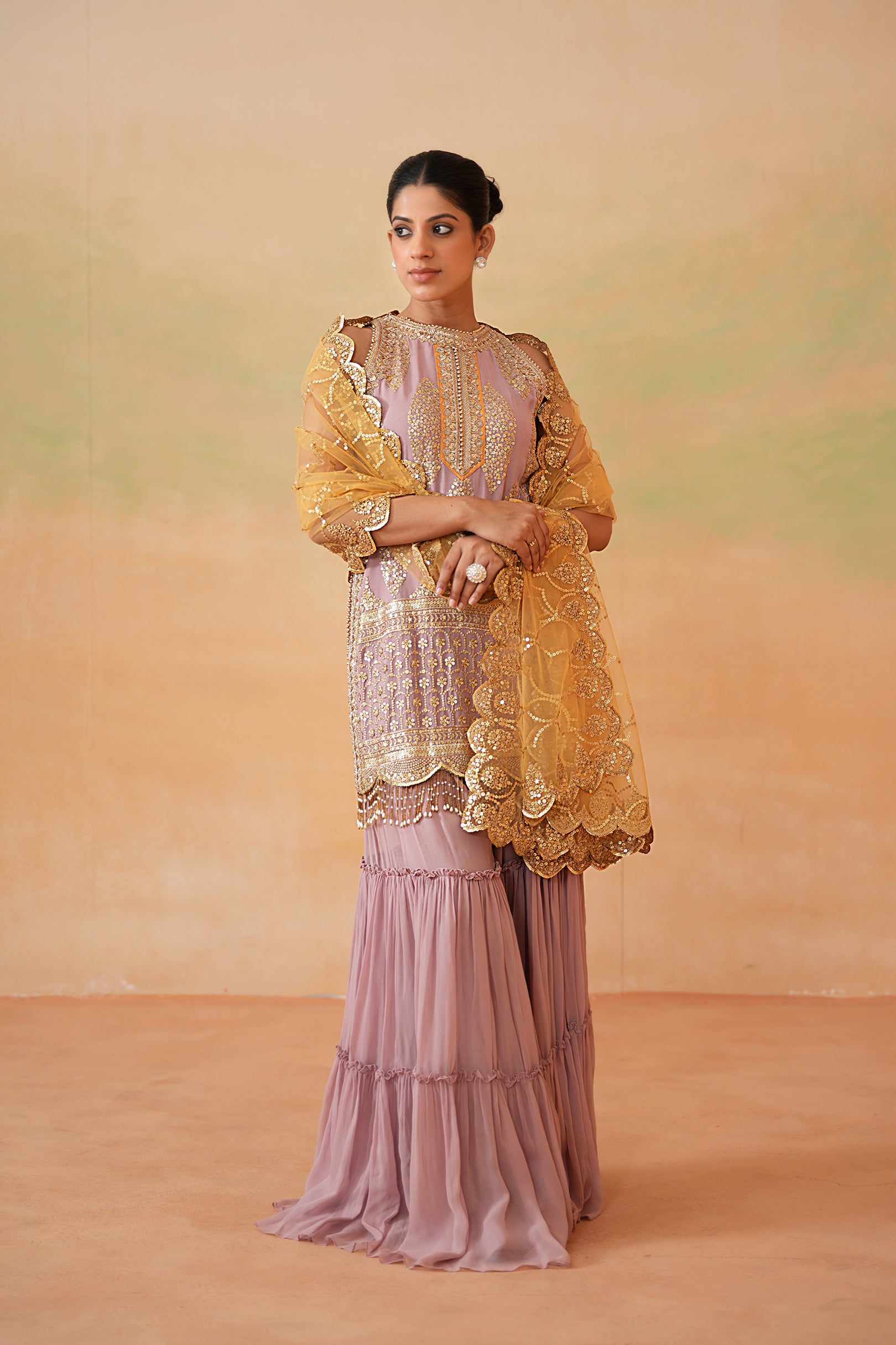 MAUVE READY FABRIC KURTI, GHARARA, MUSTARD DUPATTA