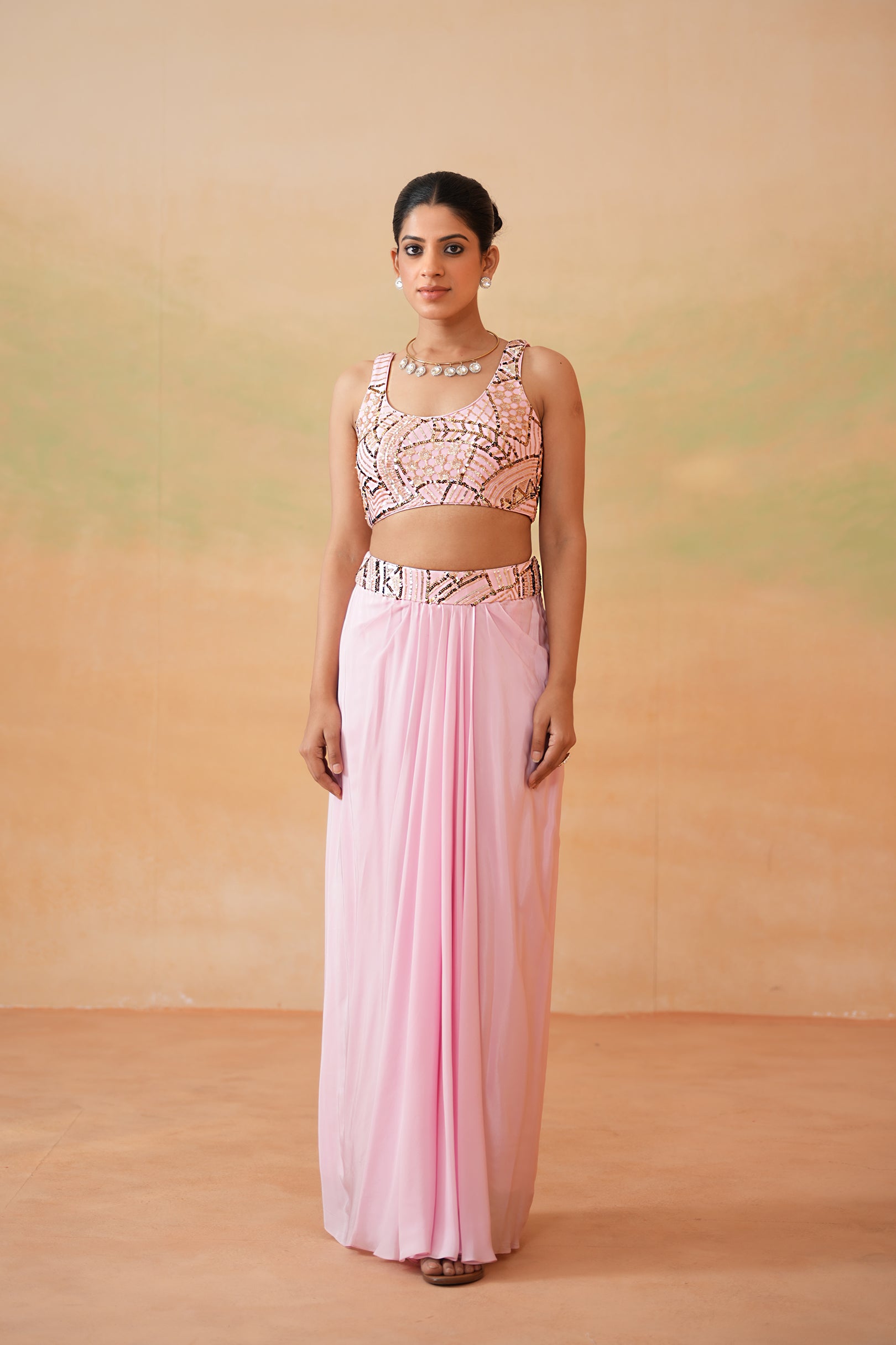 LIGHT PINK EMBROIDERY BLOUSE, DRAPE SKIRT AND CAPE