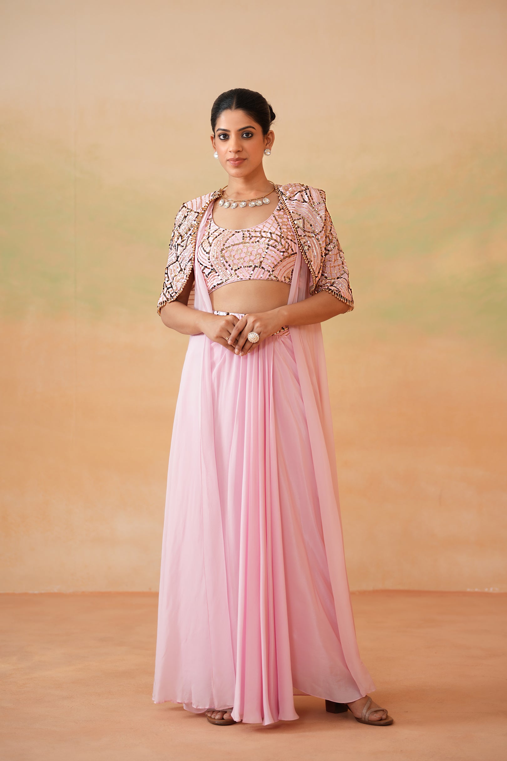 LIGHT PINK EMBROIDERY BLOUSE, DRAPE SKIRT AND CAPE