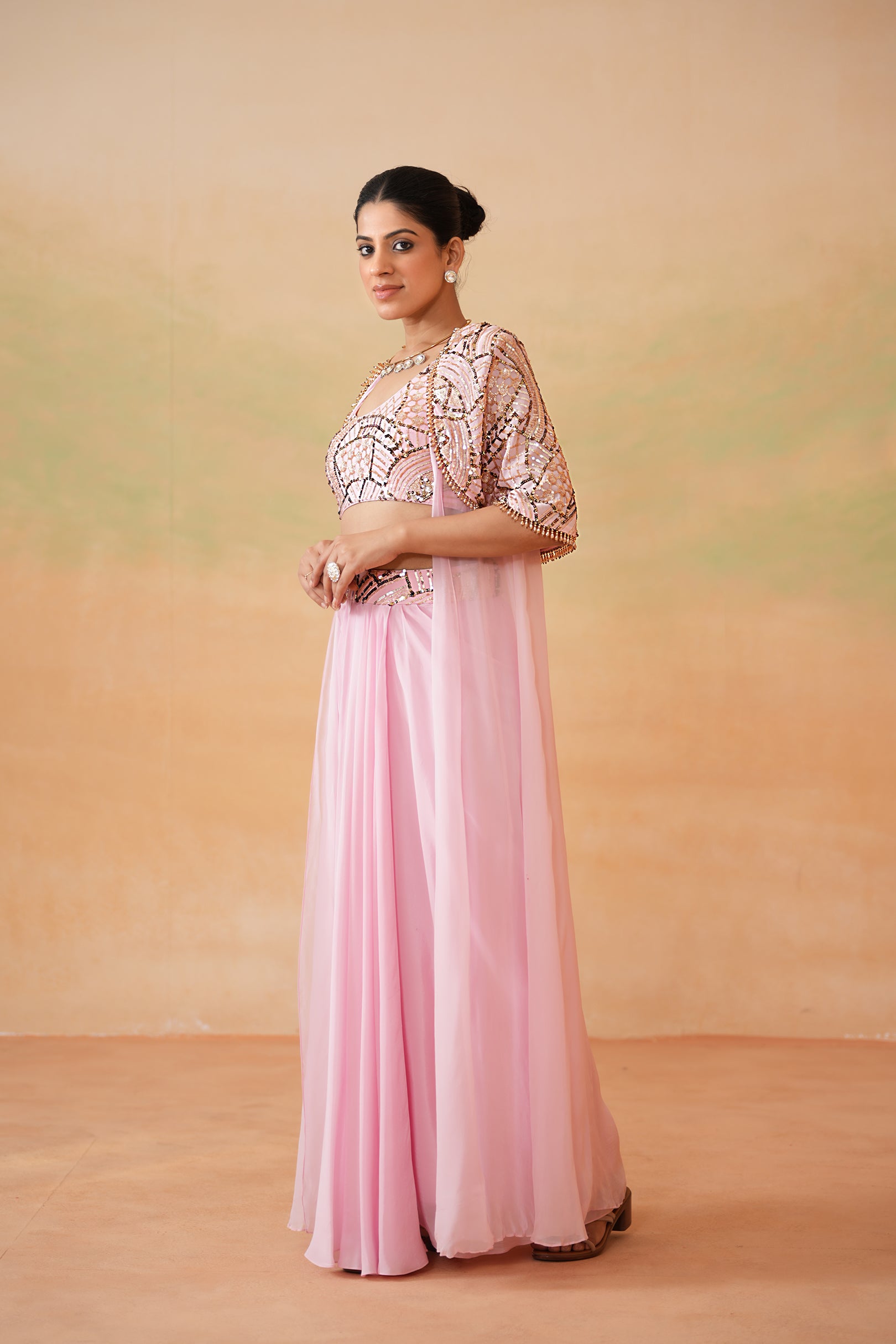LIGHT PINK EMBROIDERY BLOUSE, DRAPE SKIRT AND CAPE