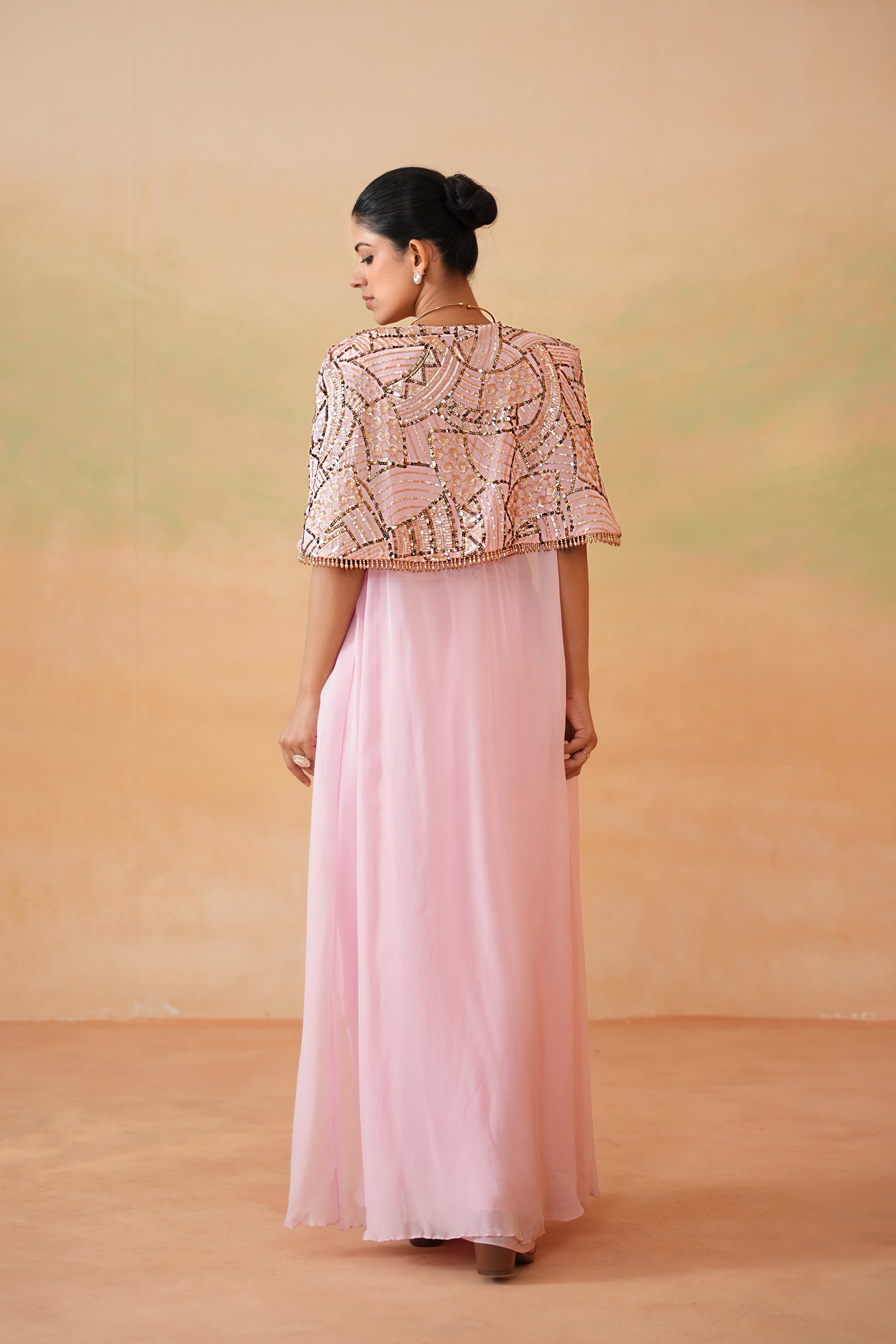 LIGHT PINK EMBROIDERY BLOUSE, DRAPE SKIRT AND CAPE